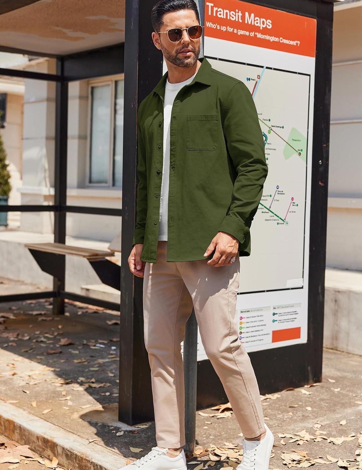 imageCOOFANDY Mens Lightweight Button Down Shirt Jacket Casual Shacket OvershirtArmy Green