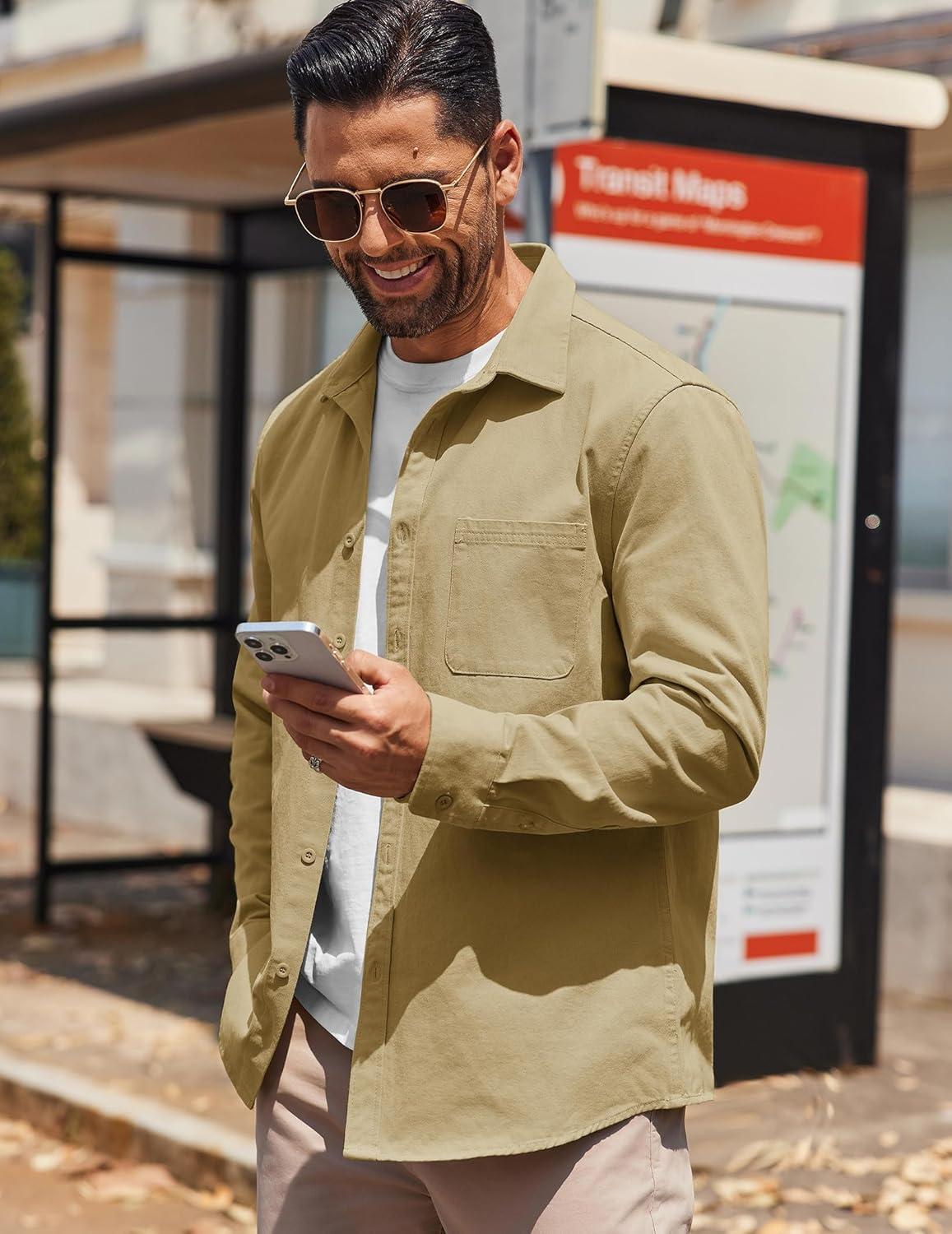 imageCOOFANDY Mens Lightweight Button Down Shirt Jacket Casual Shacket OvershirtKhaki