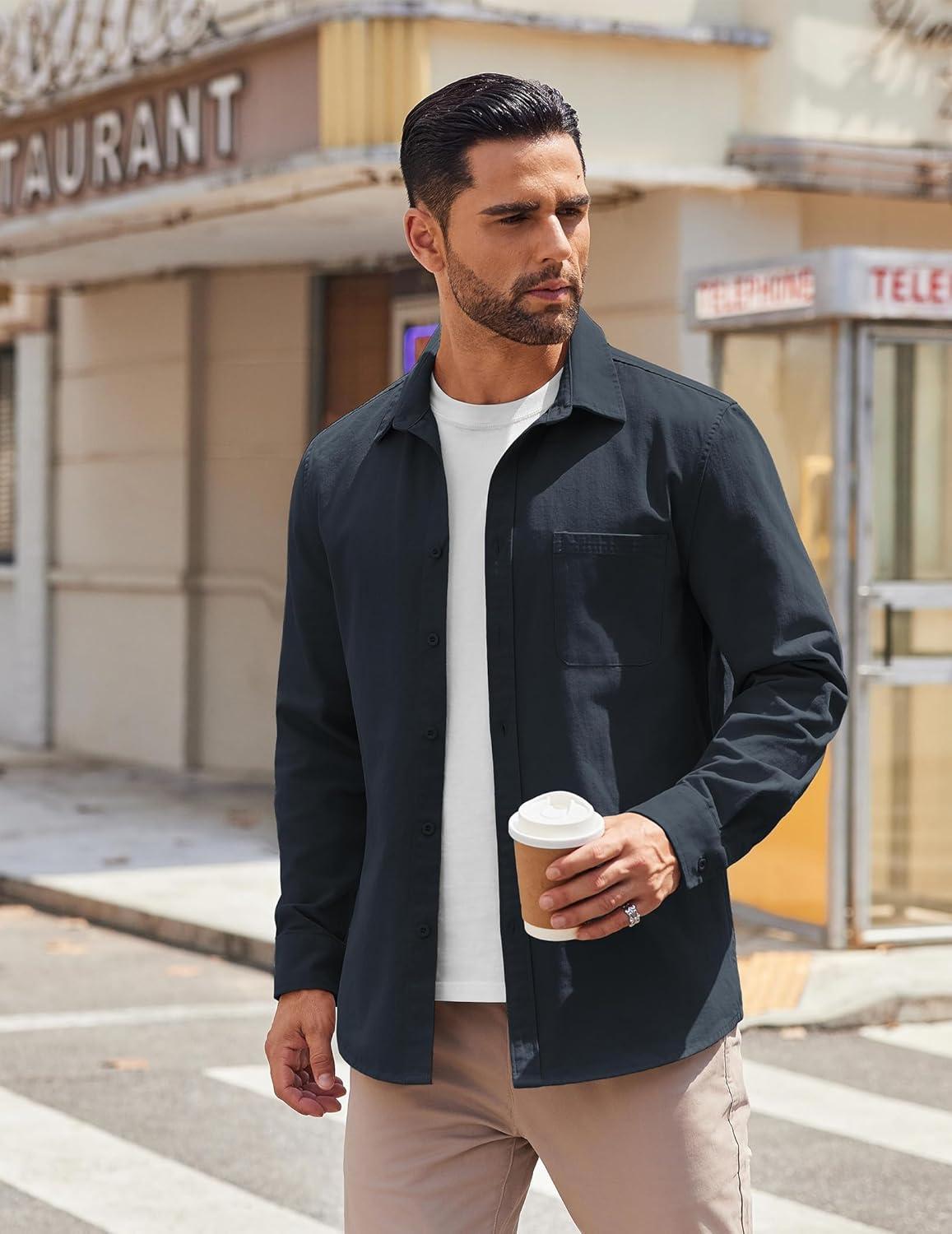 imageCOOFANDY Mens Lightweight Button Down Shirt Jacket Casual Shacket OvershirtNave Blue