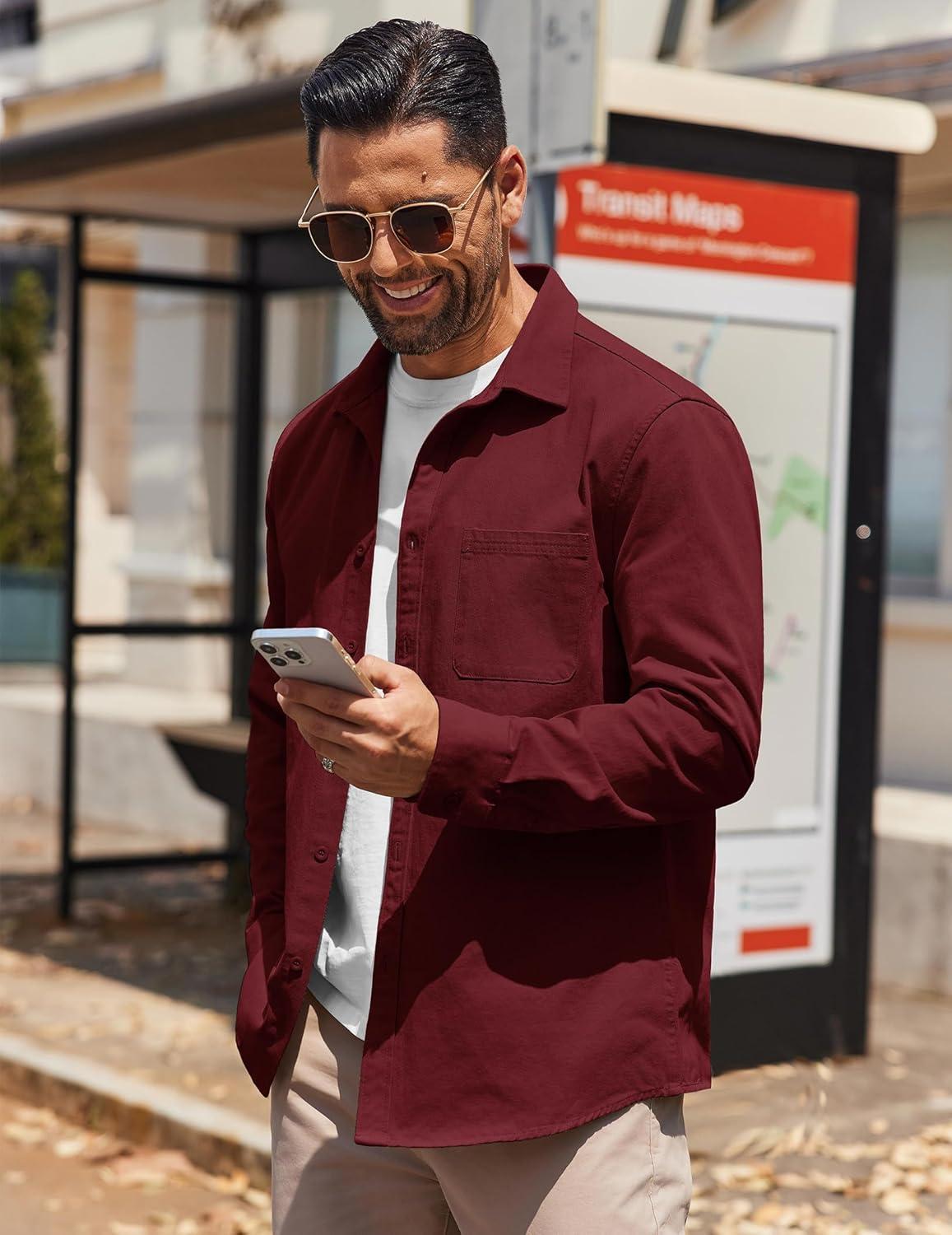 imageCOOFANDY Mens Lightweight Button Down Shirt Jacket Casual Shacket OvershirtWine Red