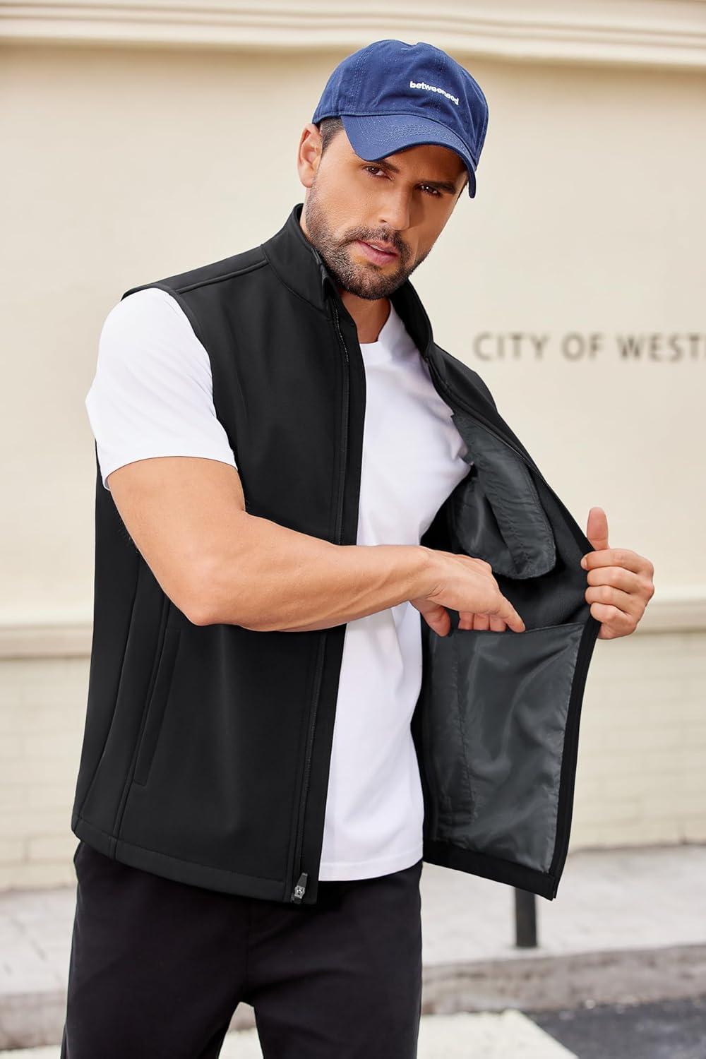 imageCOOFANDY Mens Lightweight Softshell Vest Windproof Sleeveless Jacket Zip Up Fleece Lined Vest Outerwear for Golf RunningBlack