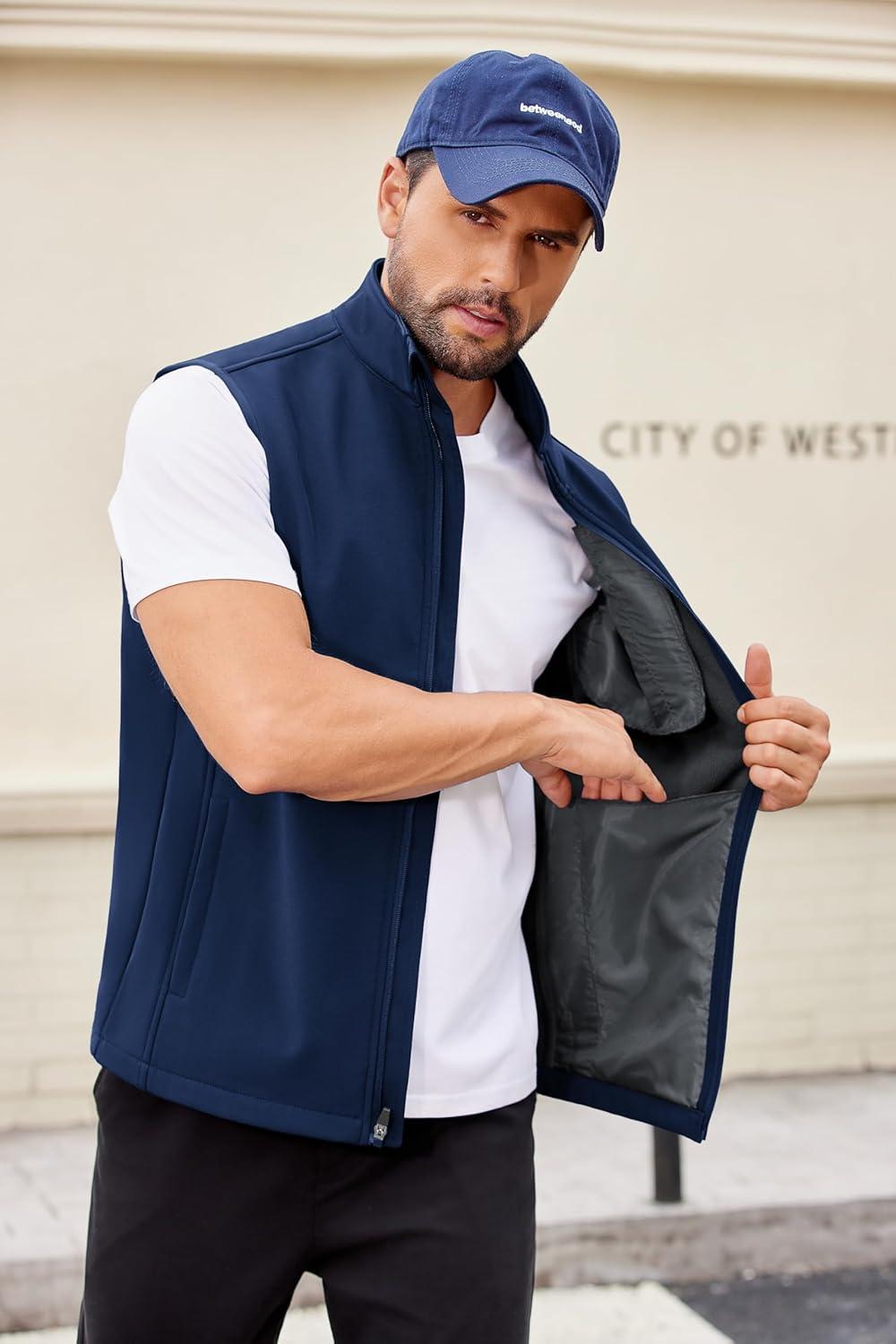 imageCOOFANDY Mens Lightweight Softshell Vest Windproof Sleeveless Jacket Zip Up Fleece Lined Vest Outerwear for Golf RunningDark Blue