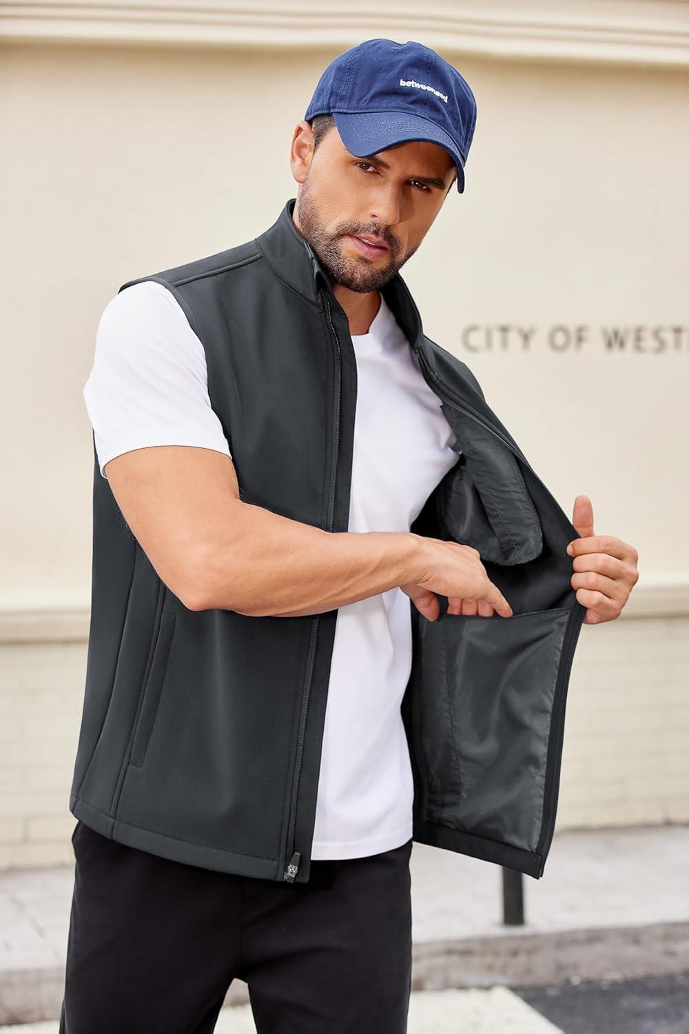 imageCOOFANDY Mens Lightweight Softshell Vest Windproof Sleeveless Jacket Zip Up Fleece Lined Vest Outerwear for Golf RunningDark Grey