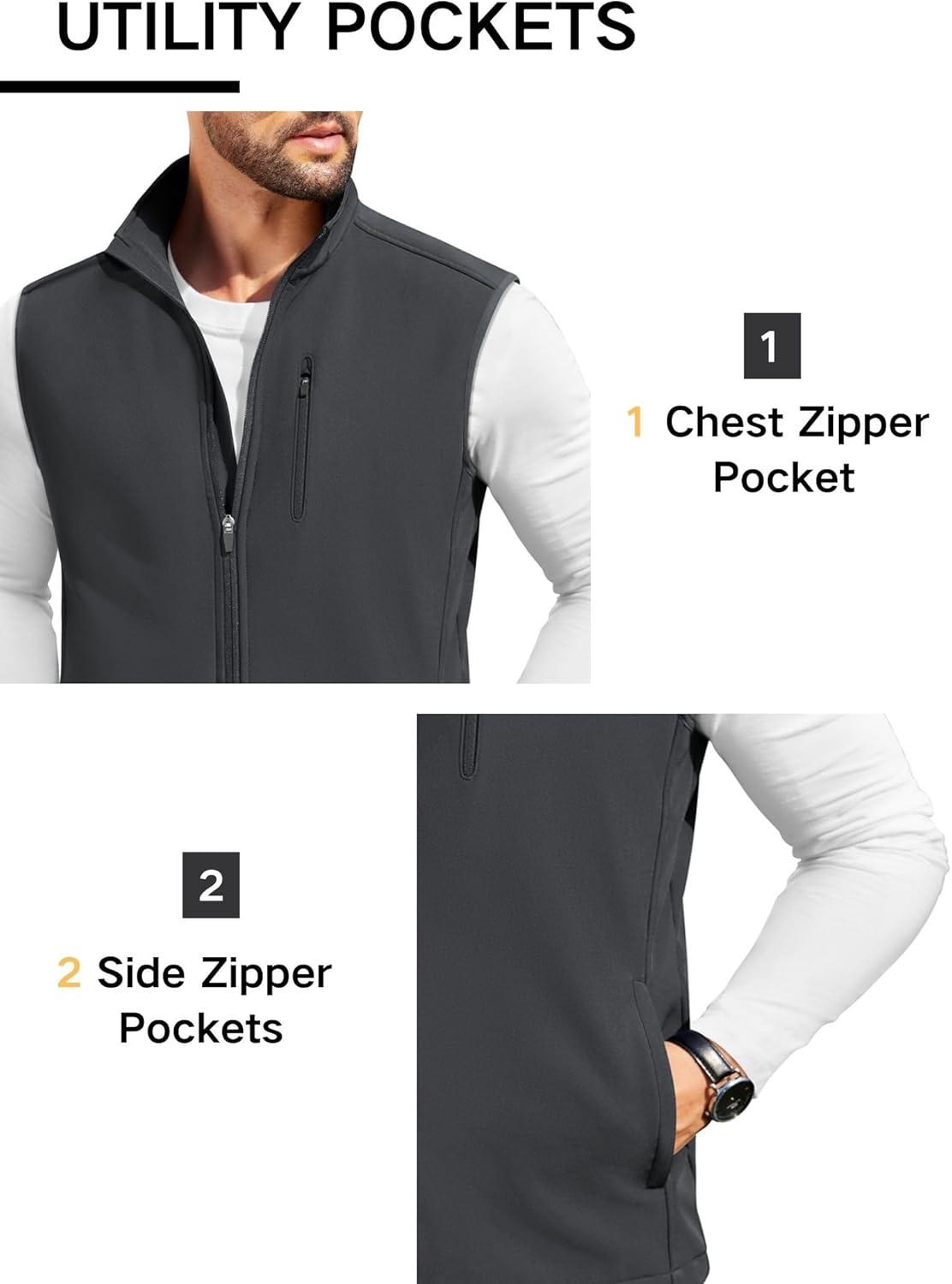 imageCOOFANDY Mens Lightweight Softshell Vest Windproof Sleeveless Jacket Zip Up Fleece Lined Vest Outerwear for Golf RunningDark Grey