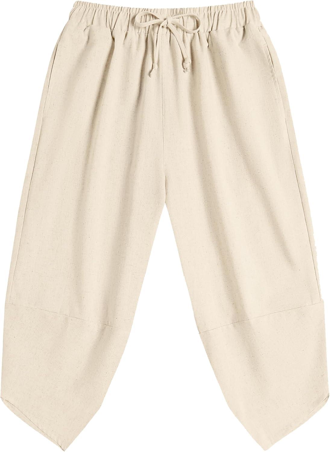 imageCOOFANDY Mens Linen Harem Capri Pants Lightweight Loose 34 Shorts Drawstring Elastic Waist Casual Beach Boho Yoga TrousersBeige