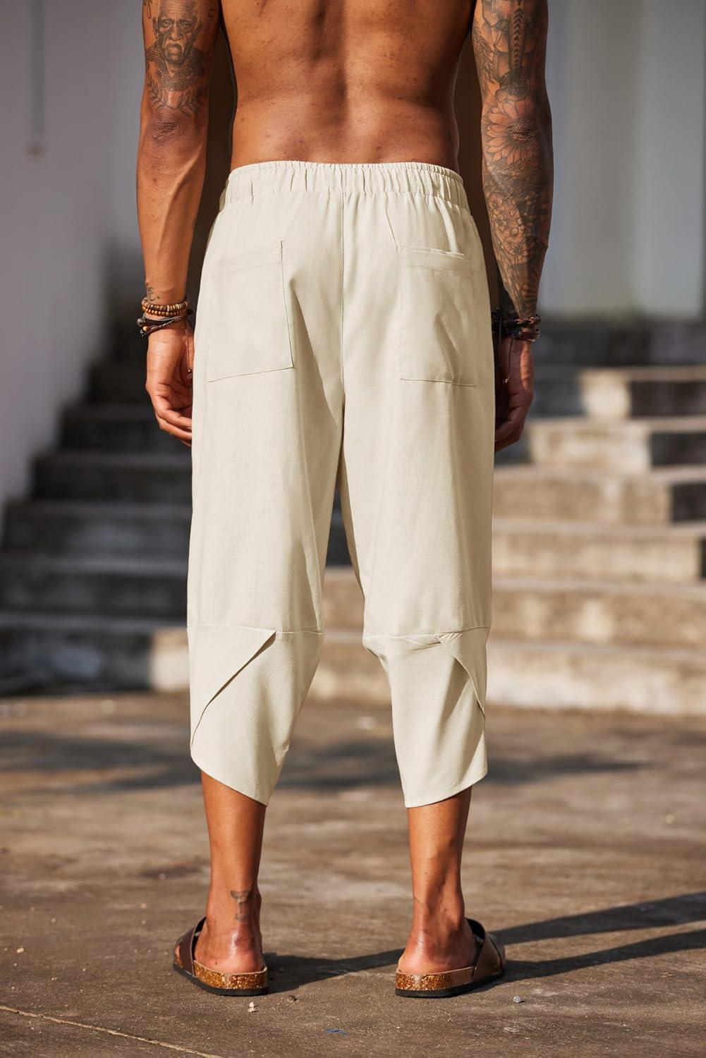 imageCOOFANDY Mens Linen Harem Capri Pants Lightweight Loose 34 Shorts Drawstring Elastic Waist Casual Beach Boho Yoga TrousersBeige