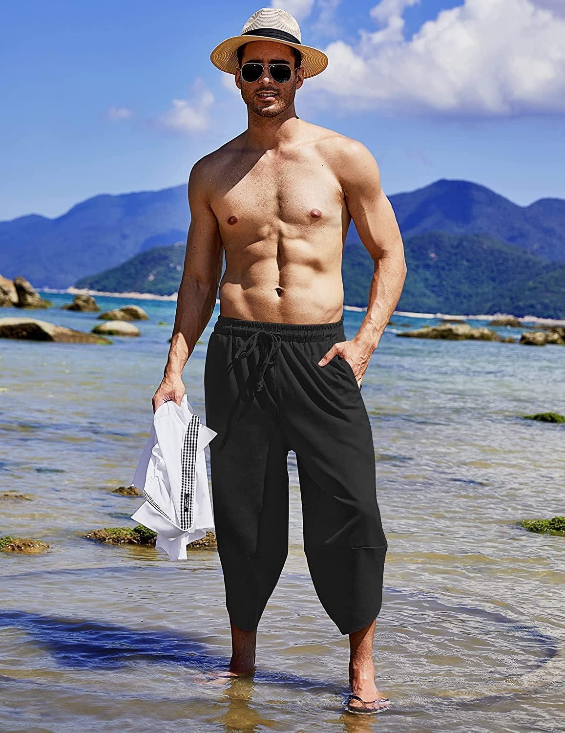 imageCOOFANDY Mens Linen Harem Capri Pants Lightweight Loose 34 Shorts Drawstring Elastic Waist Casual Beach Boho Yoga TrousersBlack