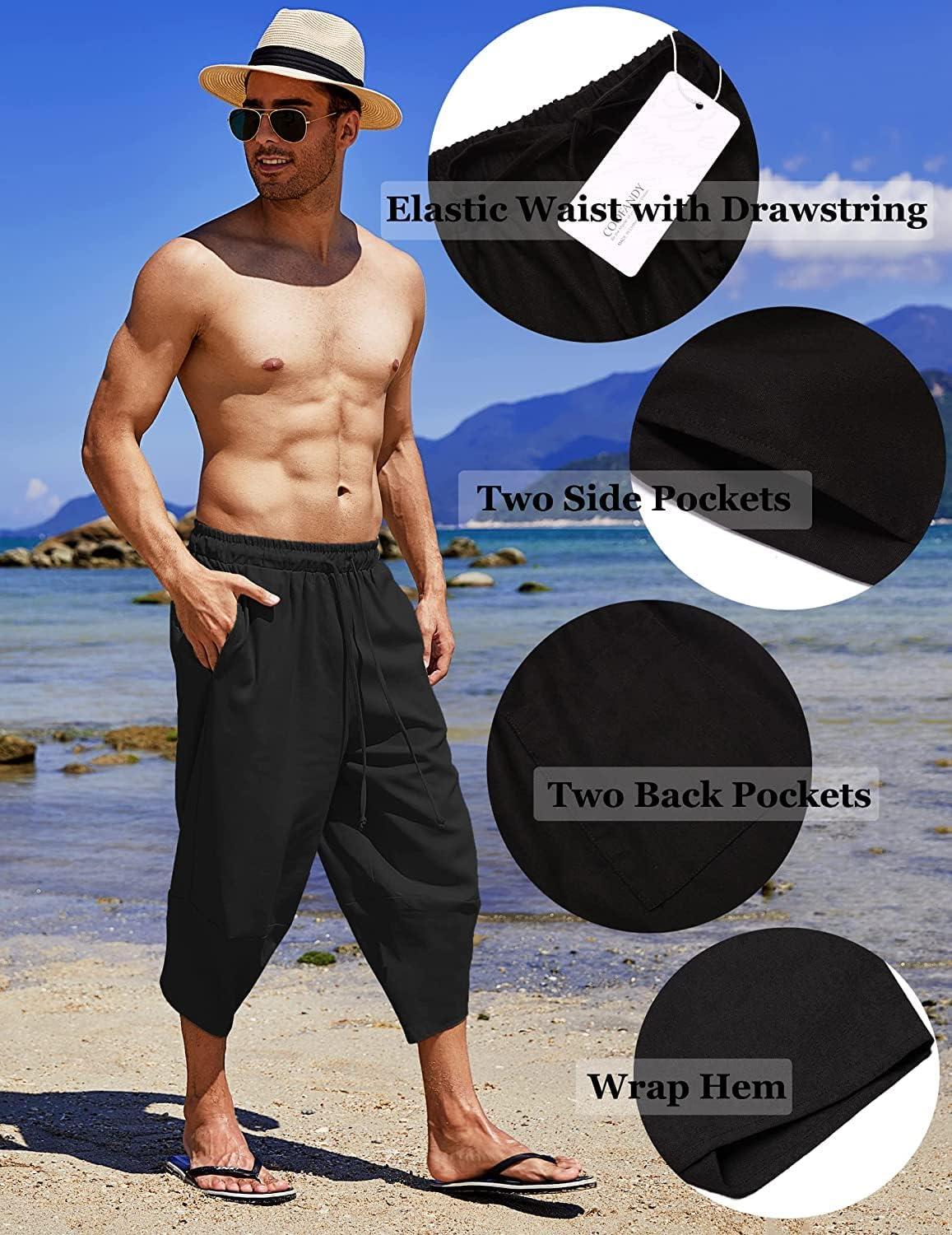 imageCOOFANDY Mens Linen Harem Capri Pants Lightweight Loose 34 Shorts Drawstring Elastic Waist Casual Beach Boho Yoga TrousersBlack