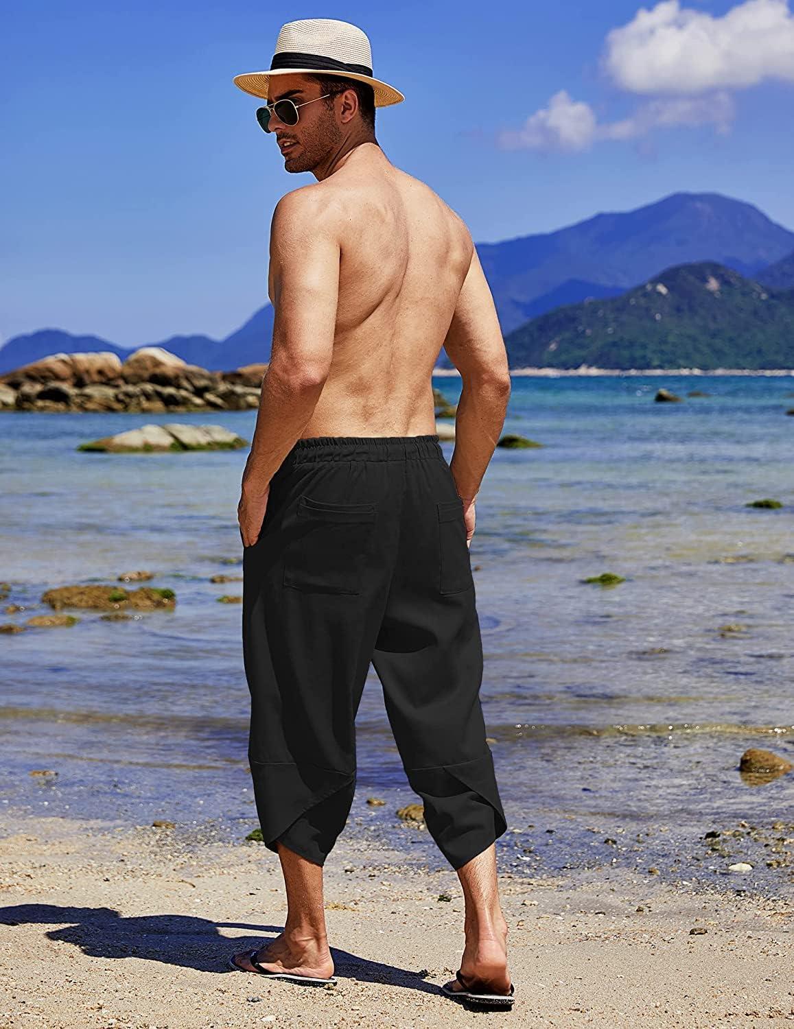 imageCOOFANDY Mens Linen Harem Capri Pants Lightweight Loose 34 Shorts Drawstring Elastic Waist Casual Beach Boho Yoga TrousersBlack