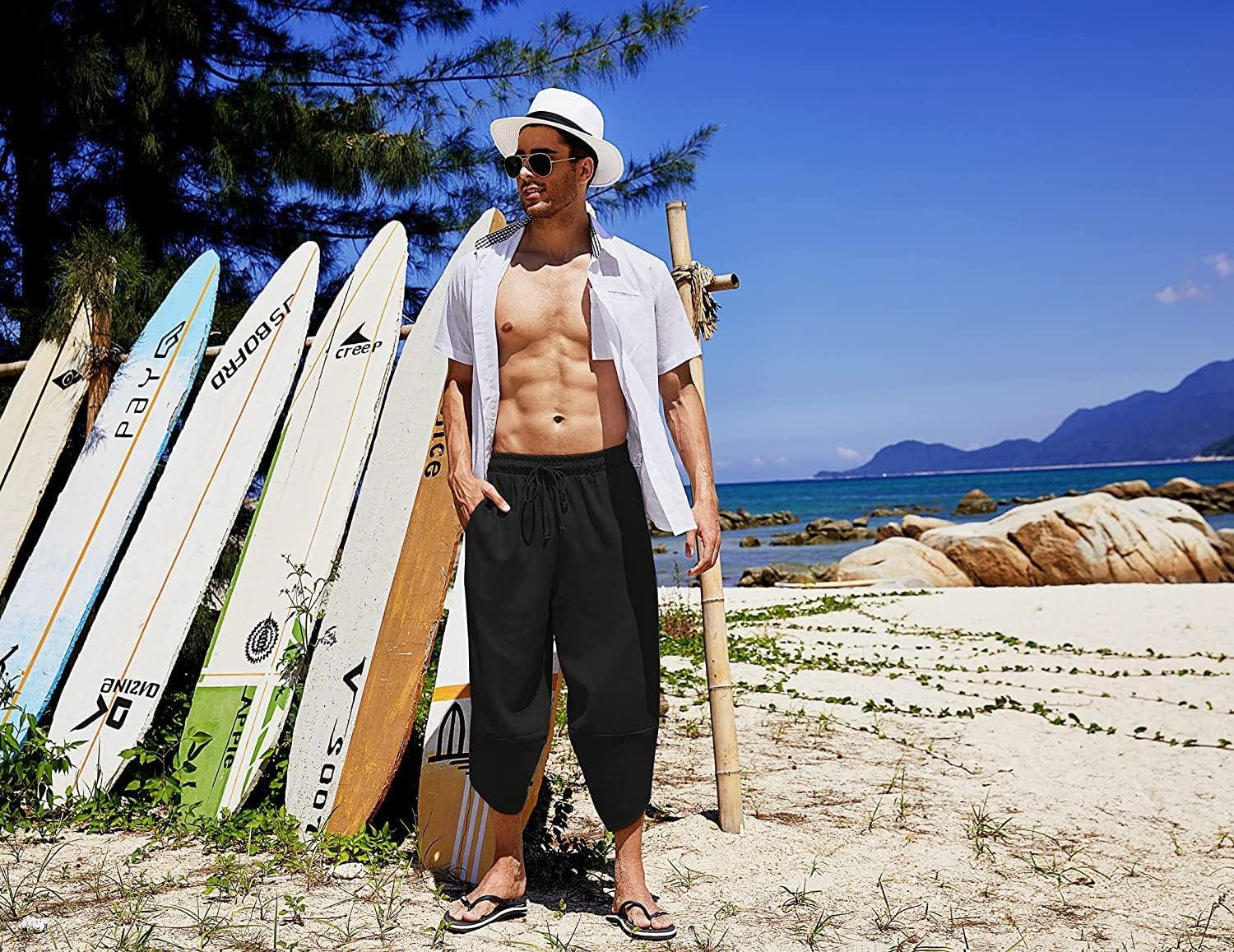 imageCOOFANDY Mens Linen Harem Capri Pants Lightweight Loose 34 Shorts Drawstring Elastic Waist Casual Beach Boho Yoga TrousersBlack