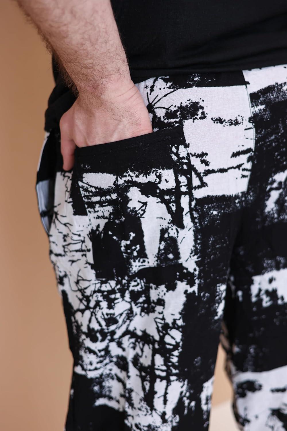 imageCOOFANDY Mens Linen Harem Capri Pants Lightweight Loose 34 Shorts Drawstring Elastic Waist Casual Beach Boho Yoga TrousersBlack White Tiedye