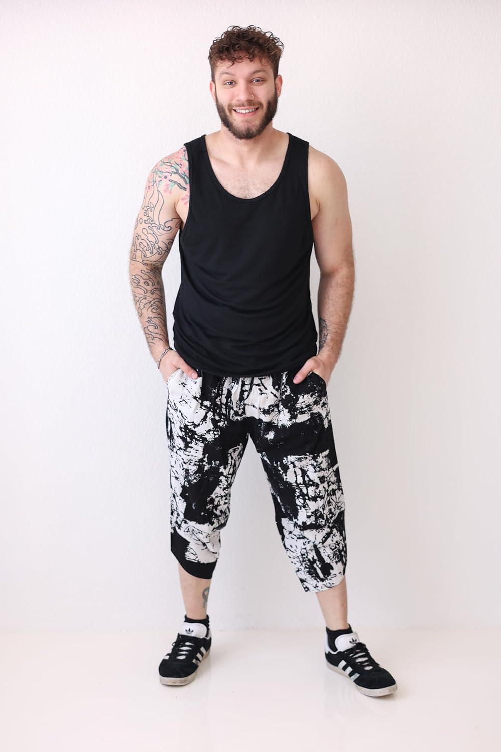 imageCOOFANDY Mens Linen Harem Capri Pants Lightweight Loose 34 Shorts Drawstring Elastic Waist Casual Beach Boho Yoga TrousersBlack White Tiedye