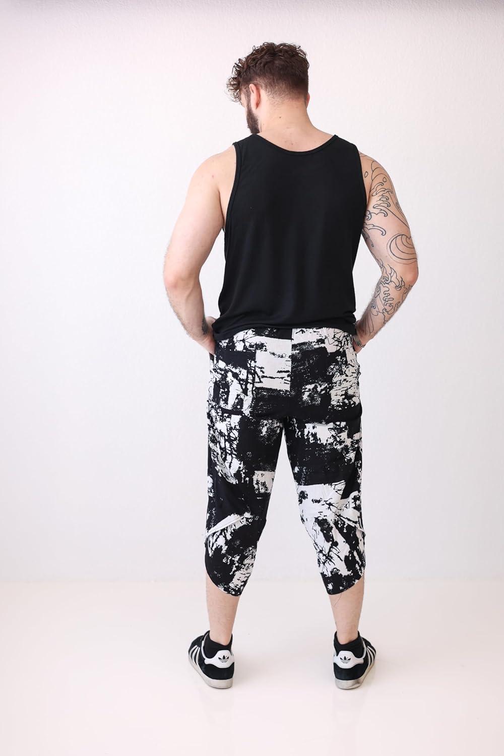 imageCOOFANDY Mens Linen Harem Capri Pants Lightweight Loose 34 Shorts Drawstring Elastic Waist Casual Beach Boho Yoga TrousersBlack White Tiedye