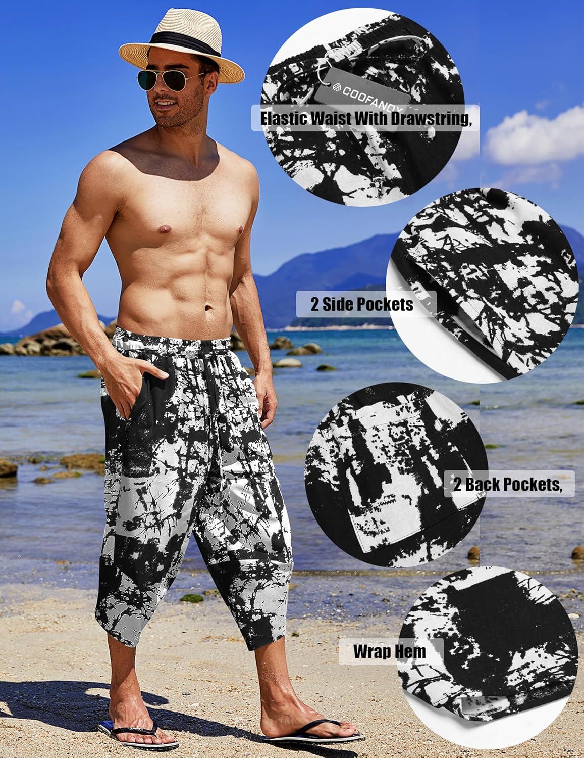 imageCOOFANDY Mens Linen Harem Capri Pants Lightweight Loose 34 Shorts Drawstring Elastic Waist Casual Beach Boho Yoga TrousersBlack White Tiedye
