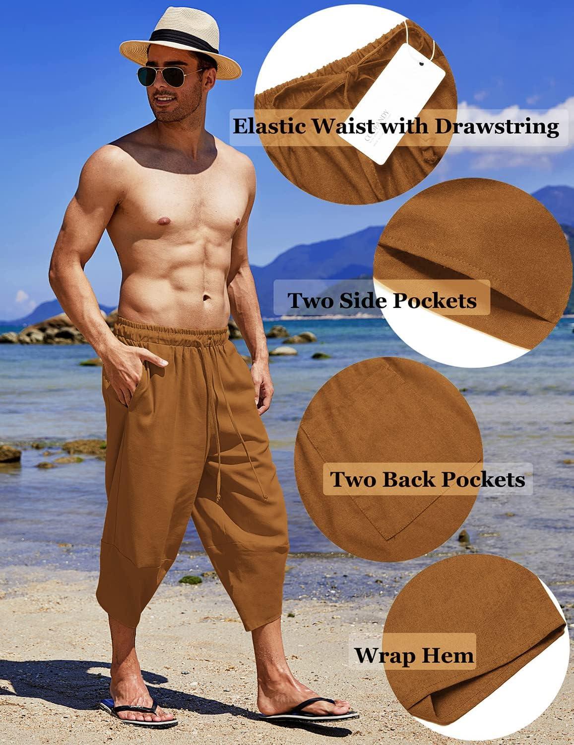 imageCOOFANDY Mens Linen Harem Capri Pants Lightweight Loose 34 Shorts Drawstring Elastic Waist Casual Beach Boho Yoga TrousersBrown