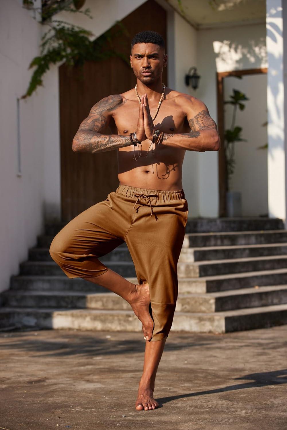 imageCOOFANDY Mens Linen Harem Capri Pants Lightweight Loose 34 Shorts Drawstring Elastic Waist Casual Beach Boho Yoga TrousersBrown