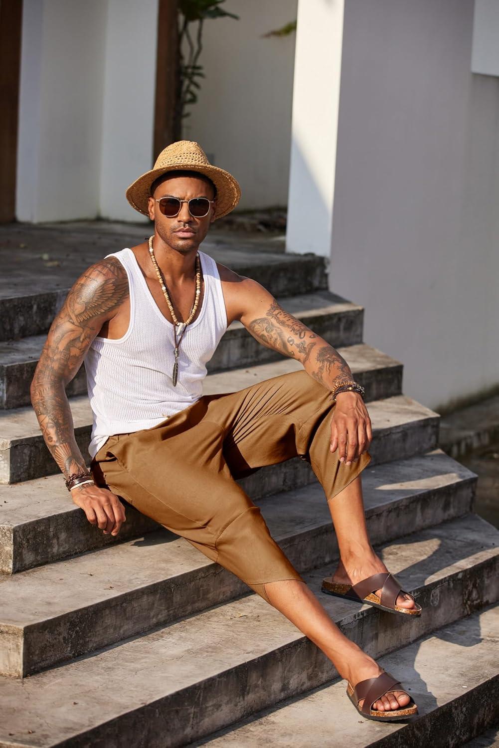 imageCOOFANDY Mens Linen Harem Capri Pants Lightweight Loose 34 Shorts Drawstring Elastic Waist Casual Beach Boho Yoga TrousersBrown