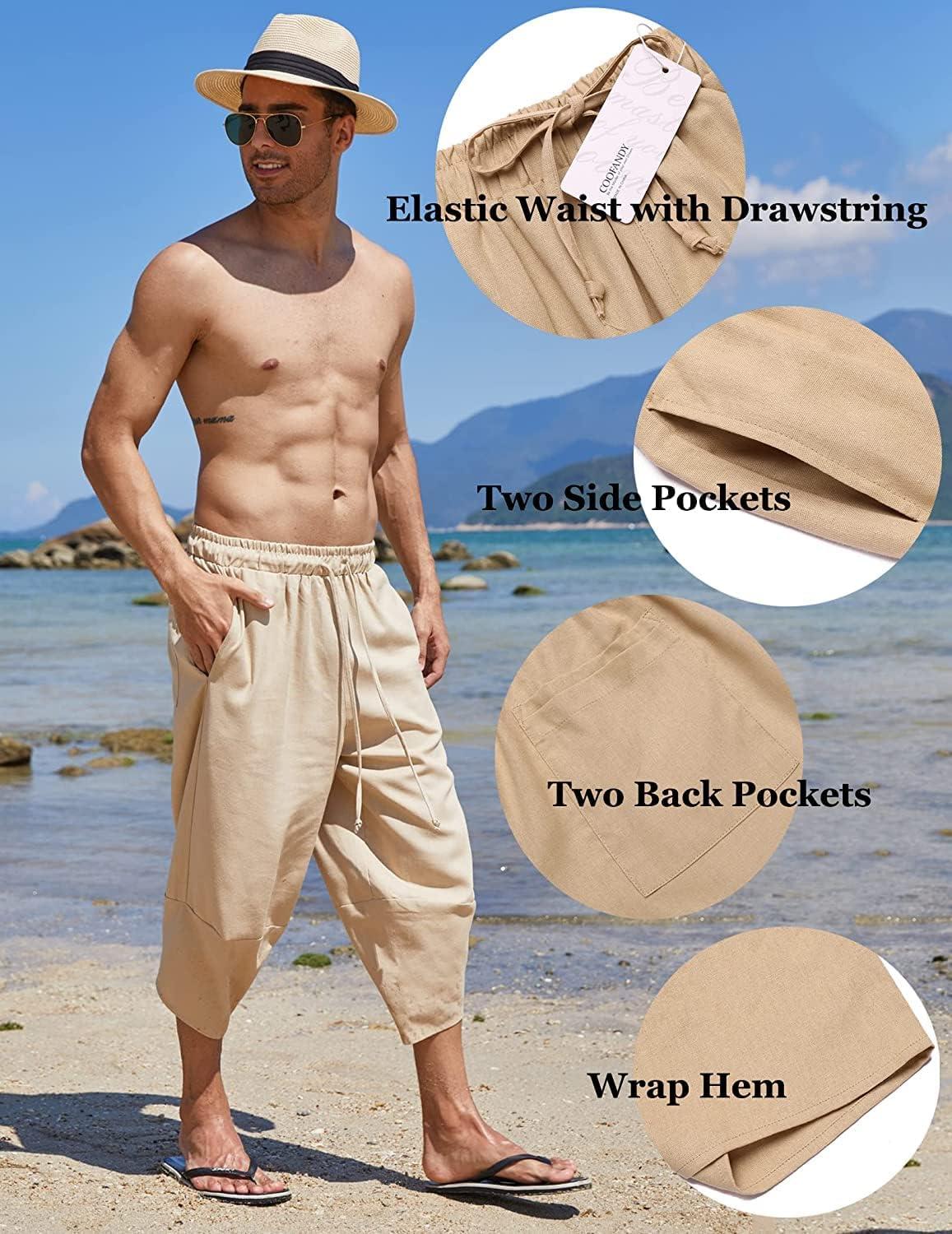 imageCOOFANDY Mens Linen Harem Capri Pants Lightweight Loose 34 Shorts Drawstring Elastic Waist Casual Beach Boho Yoga TrousersKhaki