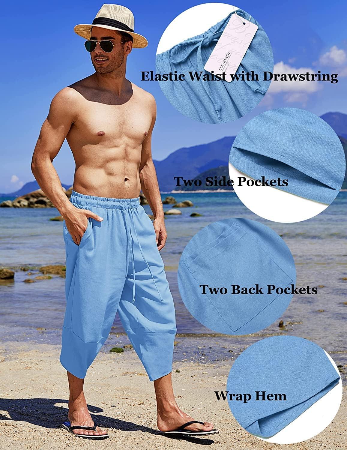 imageCOOFANDY Mens Linen Harem Capri Pants Lightweight Loose 34 Shorts Drawstring Elastic Waist Casual Beach Boho Yoga TrousersLight Blue