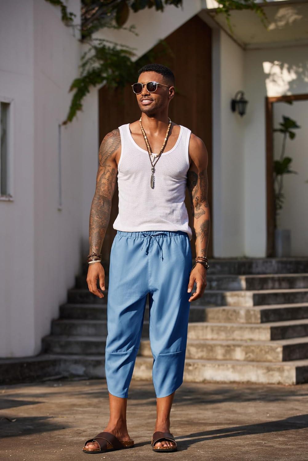 imageCOOFANDY Mens Linen Harem Capri Pants Lightweight Loose 34 Shorts Drawstring Elastic Waist Casual Beach Boho Yoga TrousersLight Blue