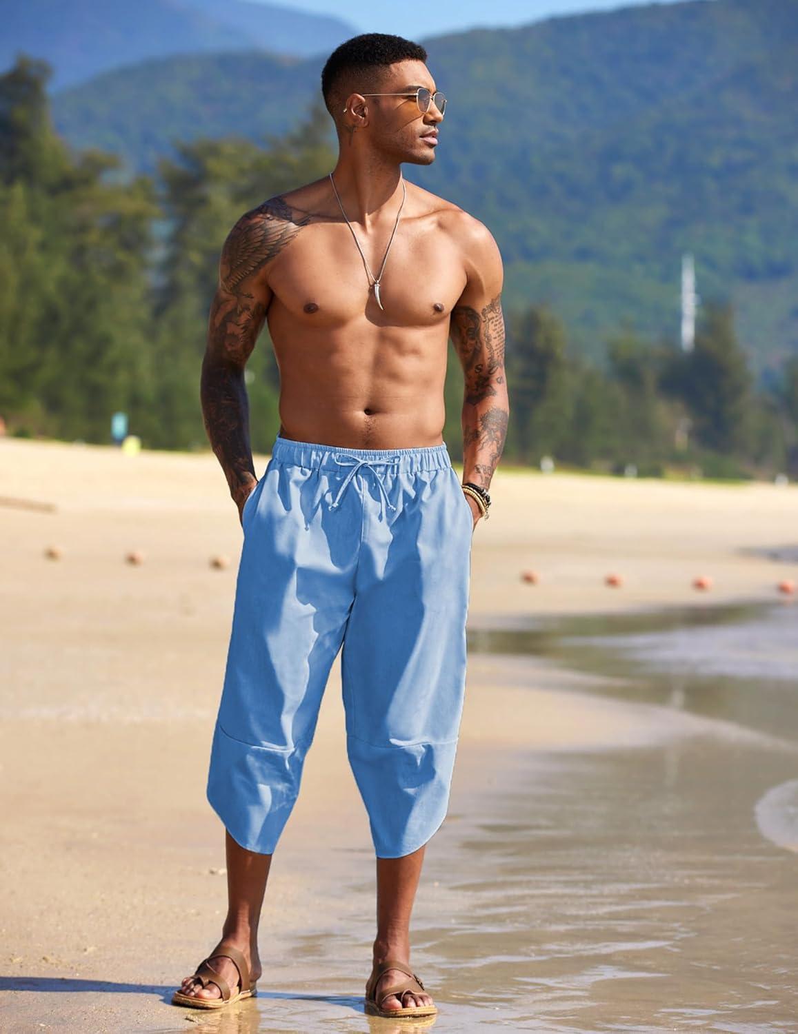 imageCOOFANDY Mens Linen Harem Capri Pants Lightweight Loose 34 Shorts Drawstring Elastic Waist Casual Beach Boho Yoga TrousersLight Blue