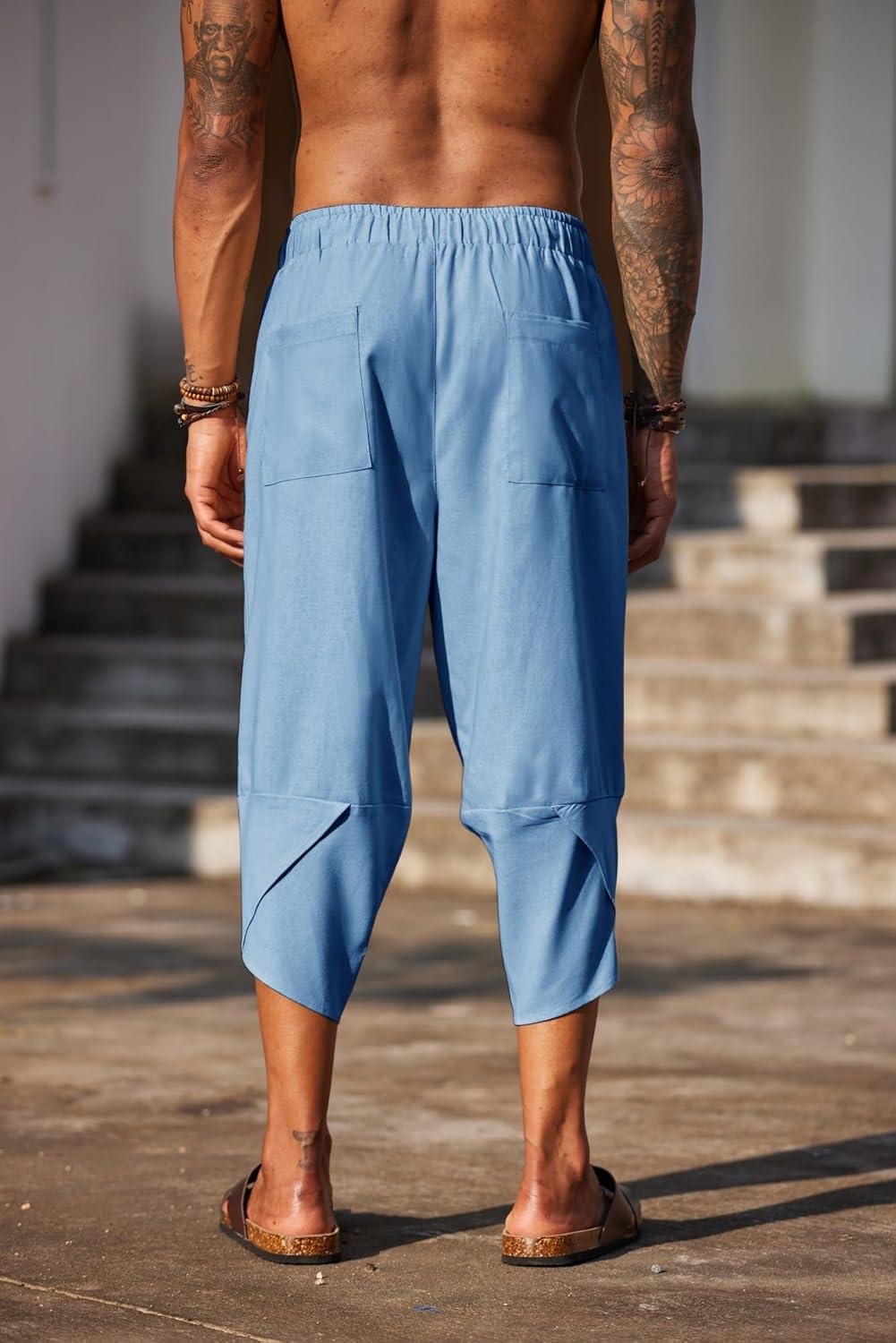 imageCOOFANDY Mens Linen Harem Capri Pants Lightweight Loose 34 Shorts Drawstring Elastic Waist Casual Beach Boho Yoga TrousersLight Blue