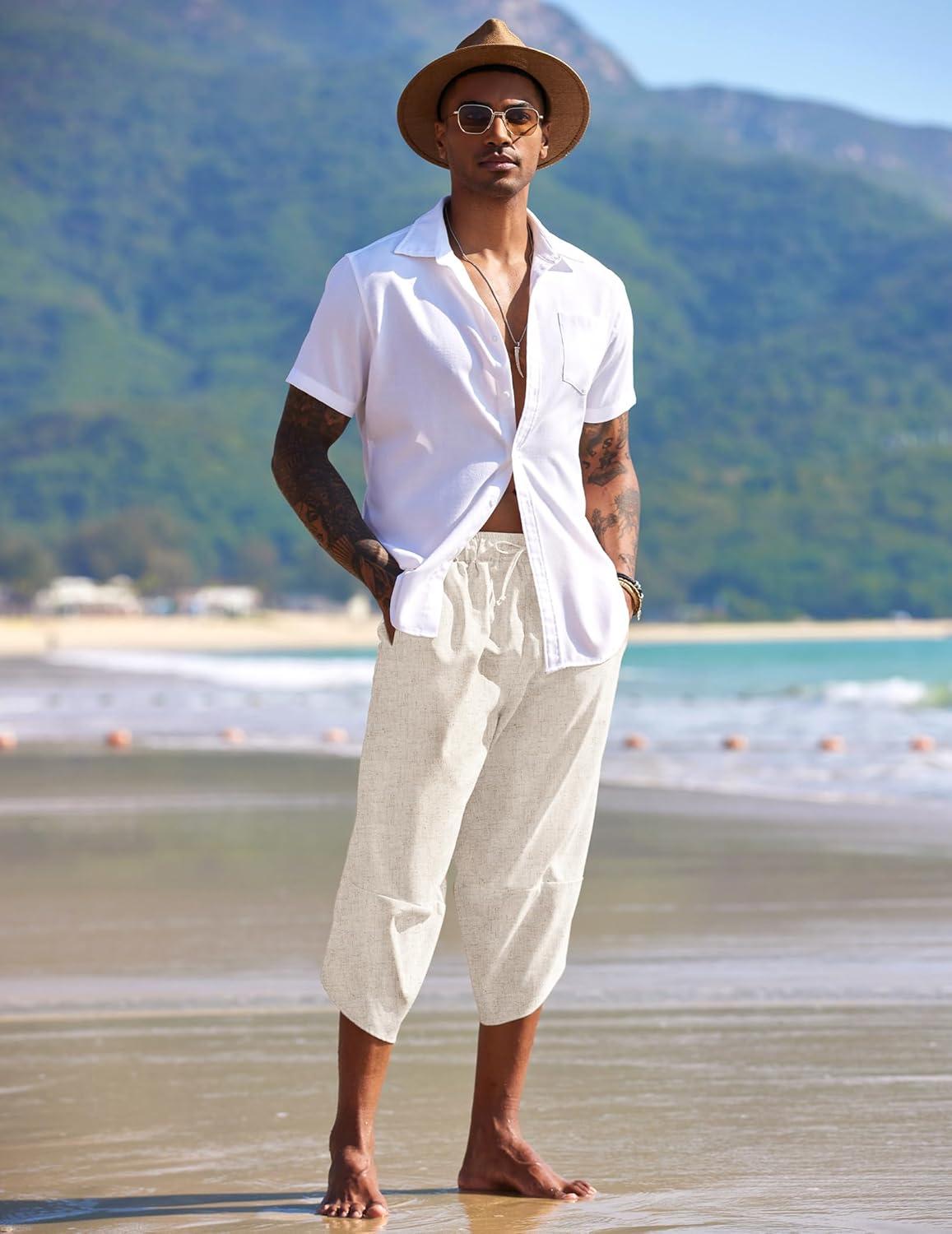 imageCOOFANDY Mens Linen Harem Capri Pants Lightweight Loose 34 Shorts Drawstring Elastic Waist Casual Beach Boho Yoga TrousersLinen Khaki