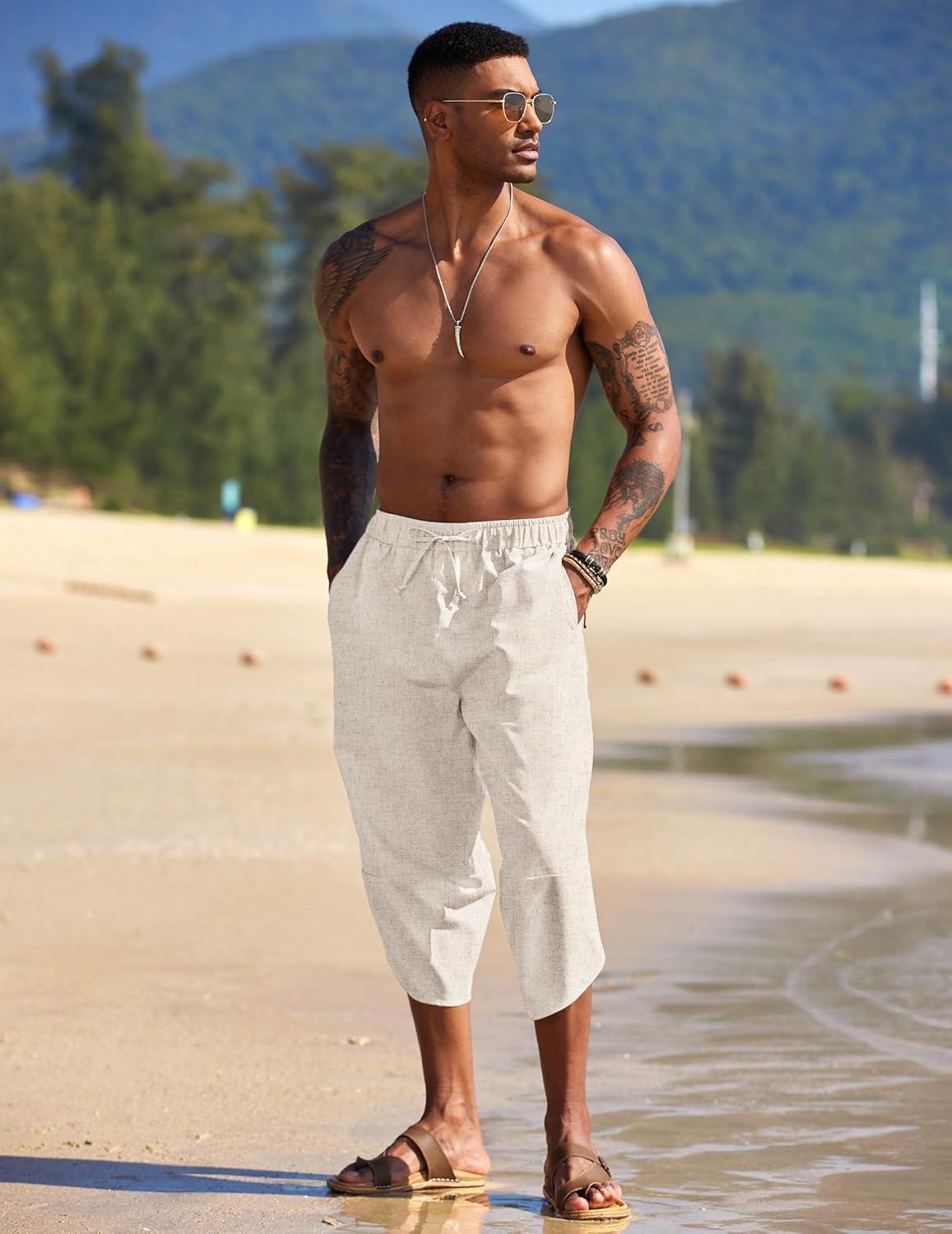 imageCOOFANDY Mens Linen Harem Capri Pants Lightweight Loose 34 Shorts Drawstring Elastic Waist Casual Beach Boho Yoga TrousersLinen Khaki