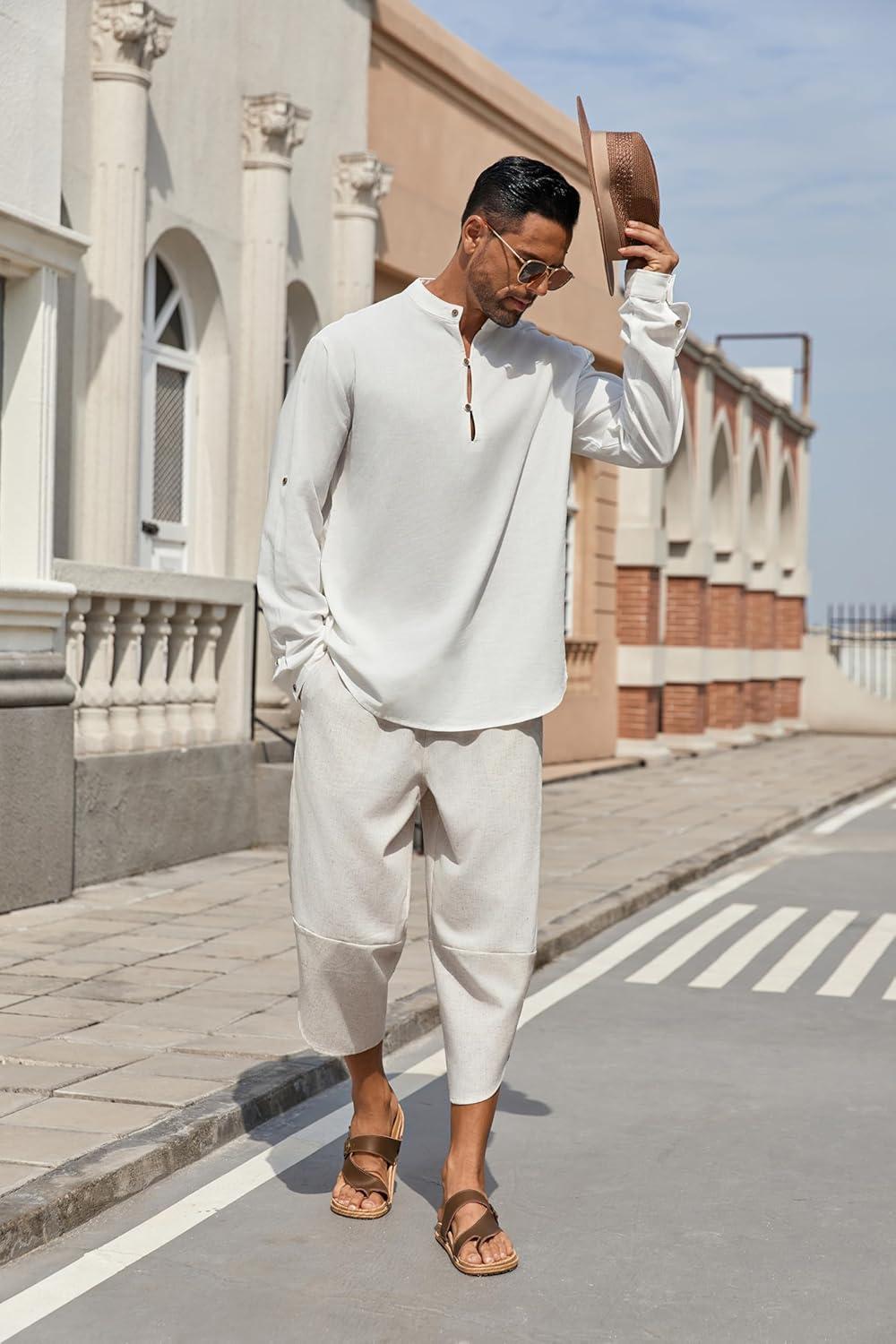 imageCOOFANDY Mens Linen Harem Capri Pants Lightweight Loose 34 Shorts Drawstring Elastic Waist Casual Beach Boho Yoga TrousersLinen Khaki