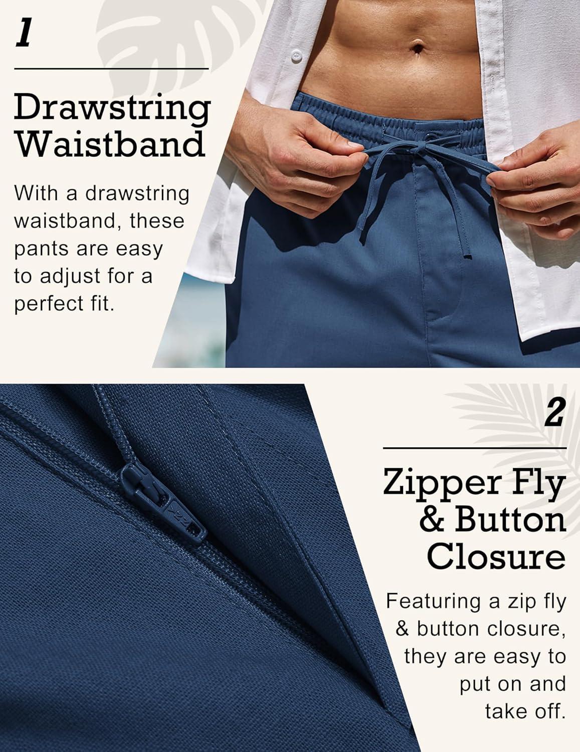 imageCOOFANDY Mens Linen Pants Casual Elastic Waist Drawstring Beach TrousersBlue