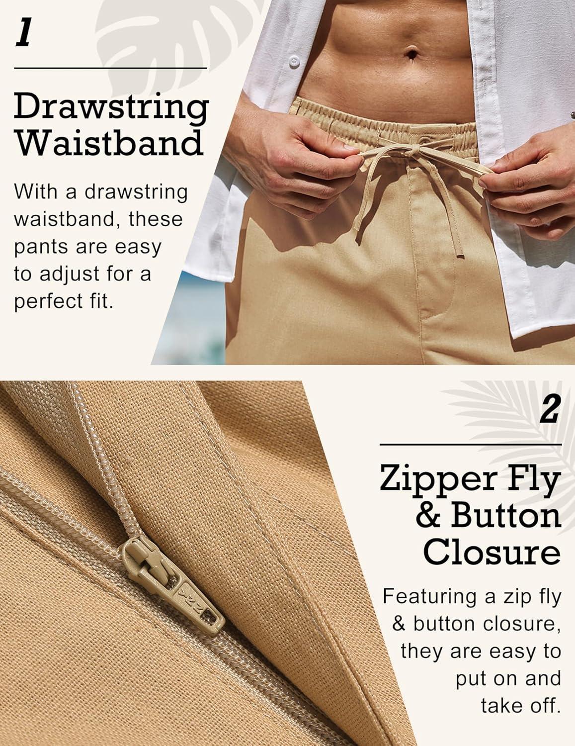 imageCOOFANDY Mens Linen Pants Casual Elastic Waist Drawstring Beach TrousersDark Khaki