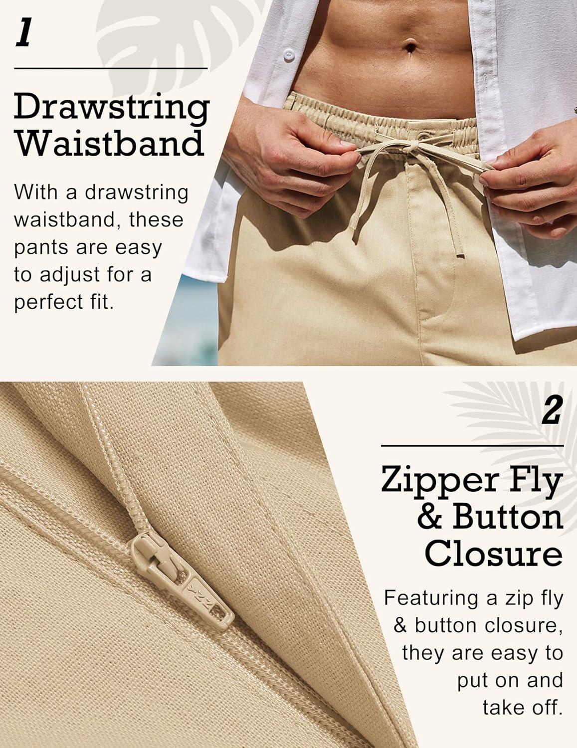 imageCOOFANDY Mens Linen Pants Casual Elastic Waist Drawstring Beach TrousersLight Coffe