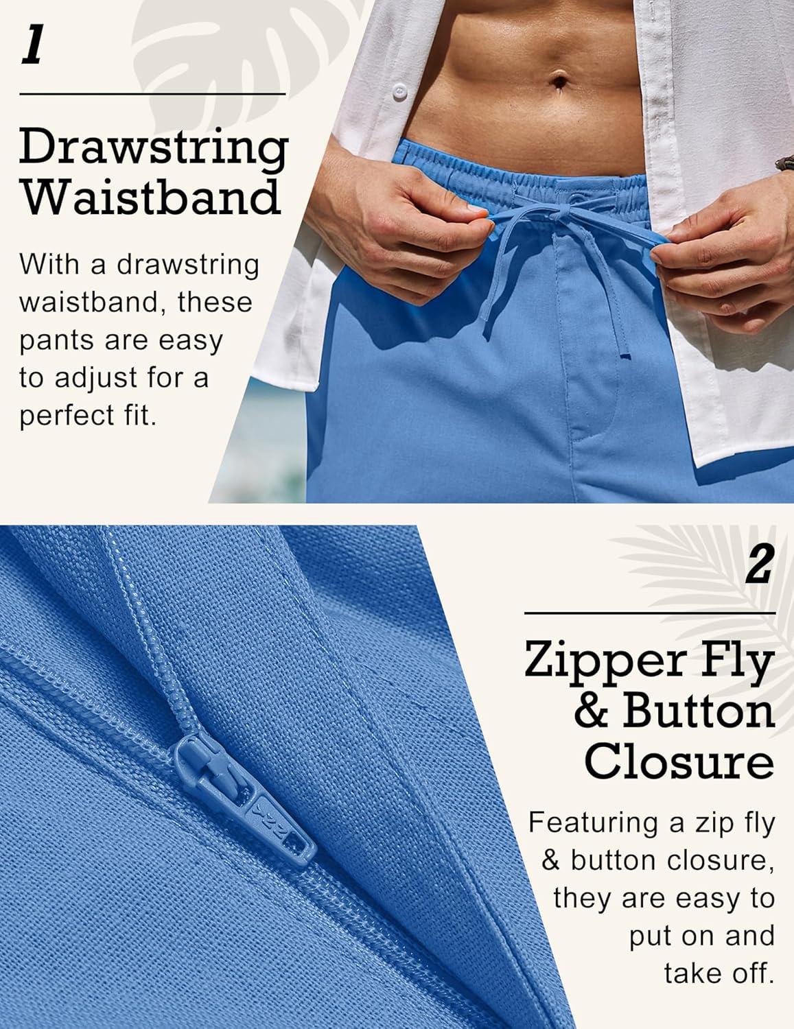 imageCOOFANDY Mens Linen Pants Casual Elastic Waist Drawstring Beach TrousersRoyal Blue