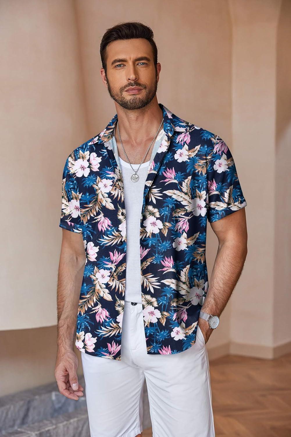 imageCOOFANDY Mens Linen Shirts Short Sleeve Casual Shirts Button Down Shirt for Men Beach Summer Wedding ShirtBlue Floral