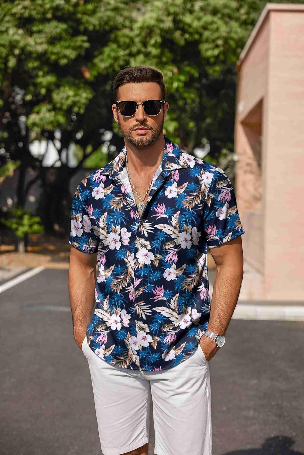 imageCOOFANDY Mens Linen Shirts Short Sleeve Casual Shirts Button Down Shirt for Men Beach Summer Wedding ShirtBlue Floral