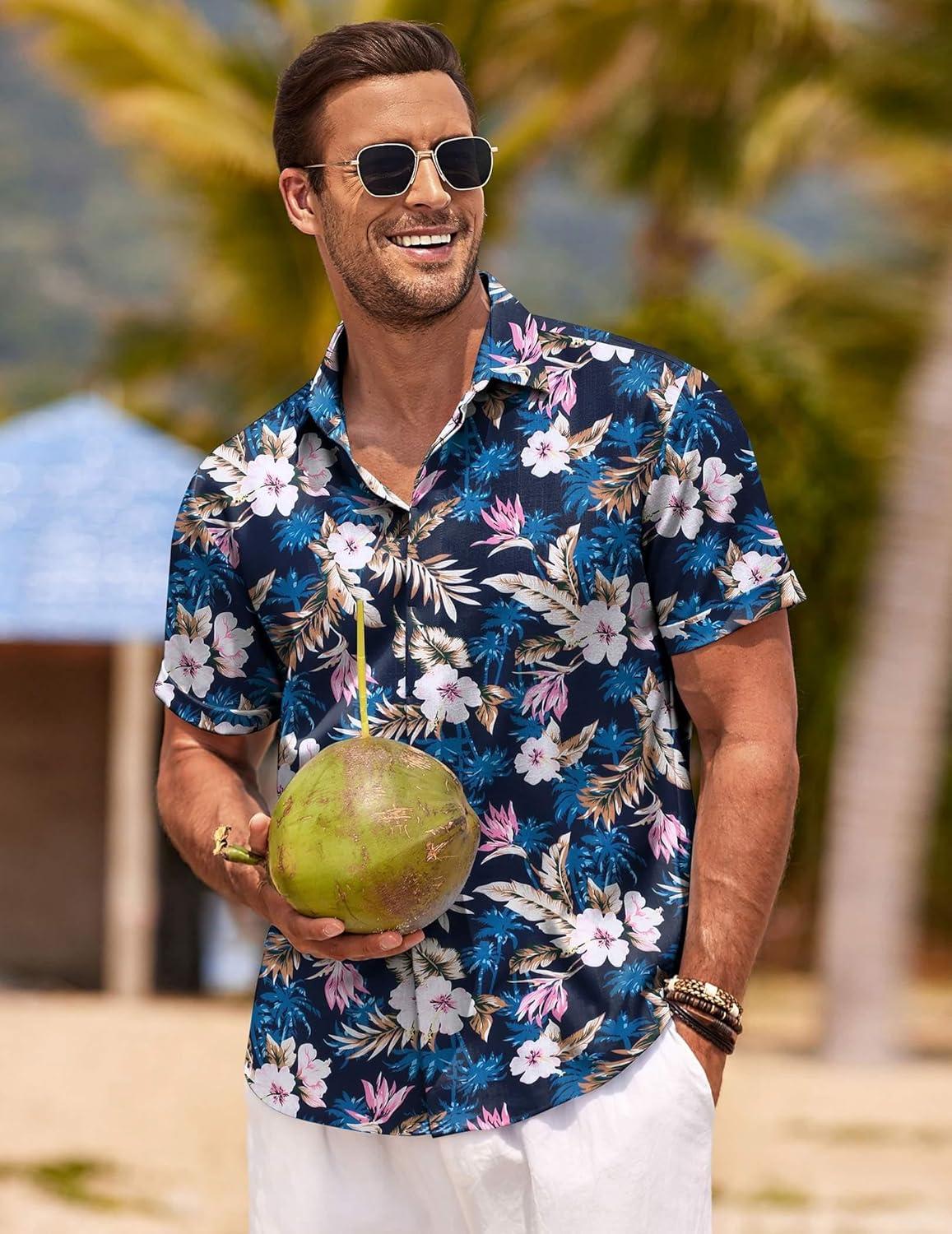 imageCOOFANDY Mens Linen Shirts Short Sleeve Casual Shirts Button Down Shirt for Men Beach Summer Wedding ShirtBlue Floral