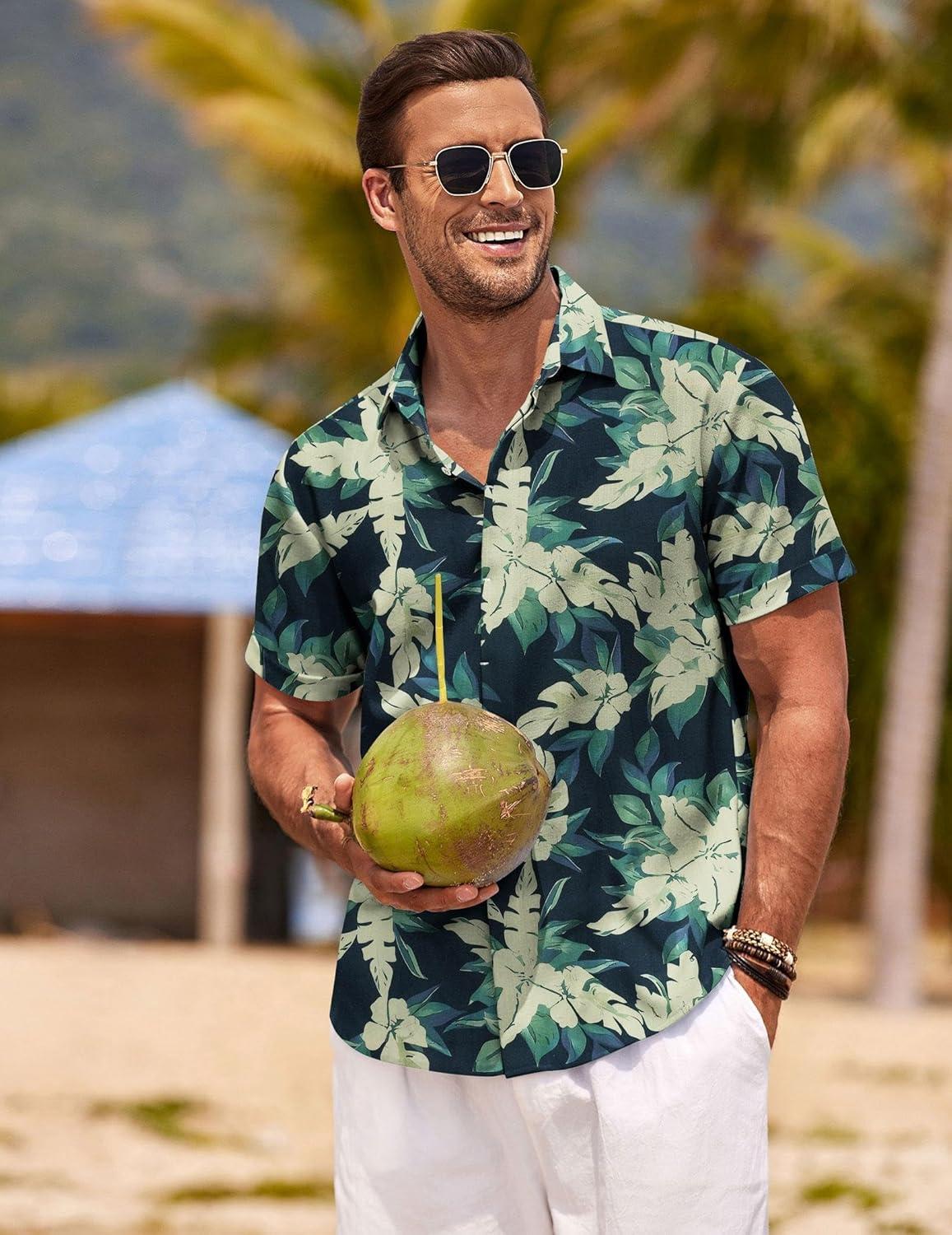 imageCOOFANDY Mens Linen Shirts Short Sleeve Casual Shirts Button Down Shirt for Men Beach Summer Wedding ShirtBluewhite Floral