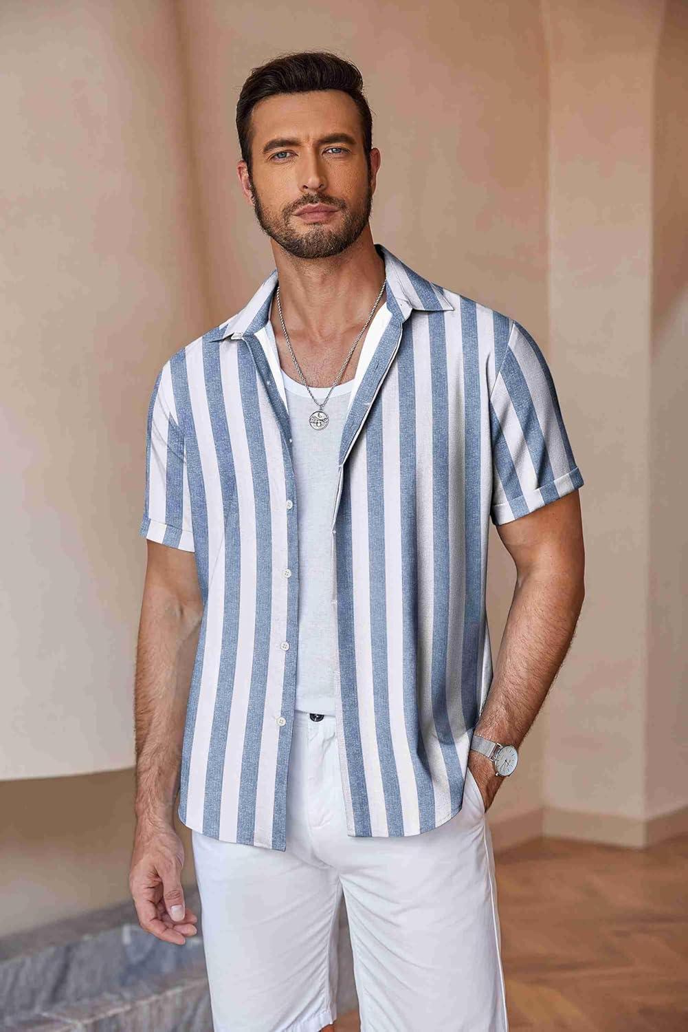 imageCOOFANDY Mens Linen Shirts Short Sleeve Casual Shirts Button Down Shirt for Men Beach Summer Wedding ShirtBluewhite Stripes