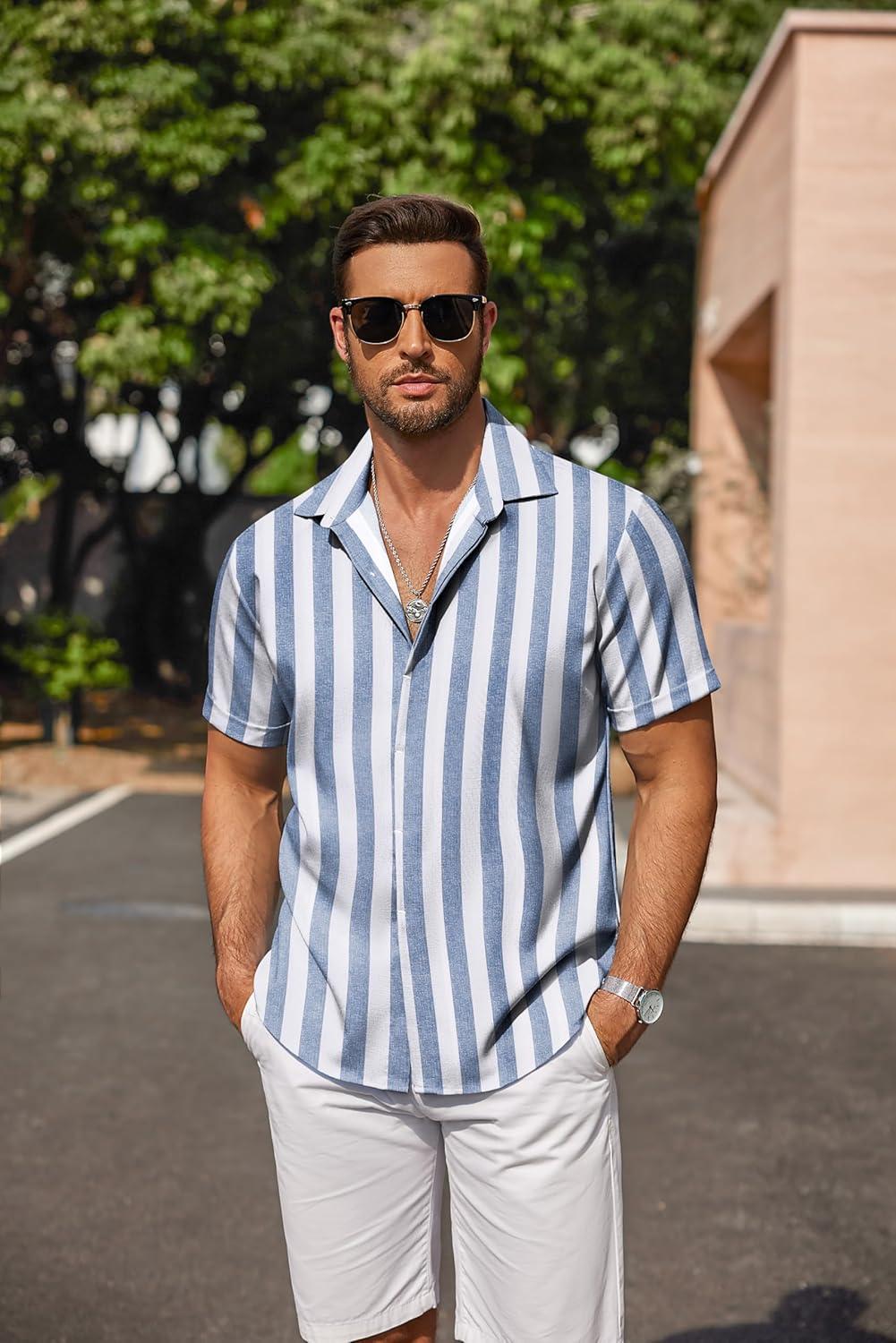 imageCOOFANDY Mens Linen Shirts Short Sleeve Casual Shirts Button Down Shirt for Men Beach Summer Wedding ShirtBluewhite Stripes