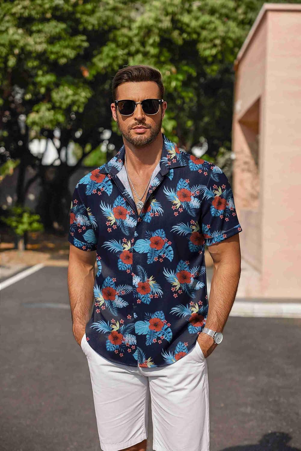imageCOOFANDY Mens Linen Shirts Short Sleeve Casual Shirts Button Down Shirt for Men Beach Summer Wedding ShirtGesang Flower