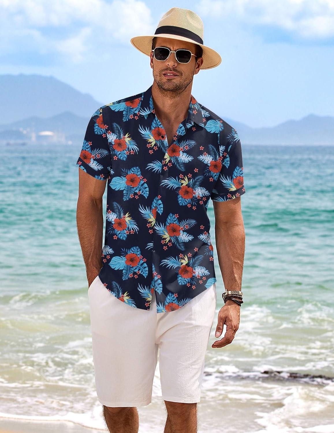 imageCOOFANDY Mens Linen Shirts Short Sleeve Casual Shirts Button Down Shirt for Men Beach Summer Wedding ShirtGesang Flower