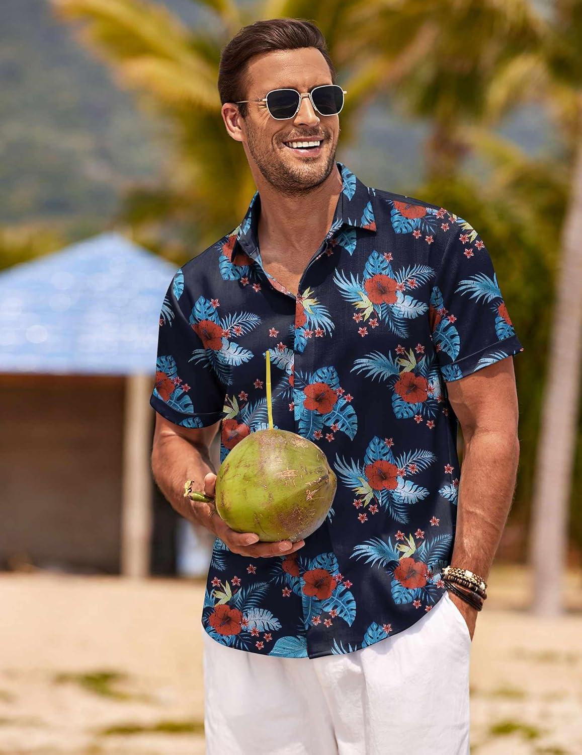 imageCOOFANDY Mens Linen Shirts Short Sleeve Casual Shirts Button Down Shirt for Men Beach Summer Wedding ShirtGesang Flower