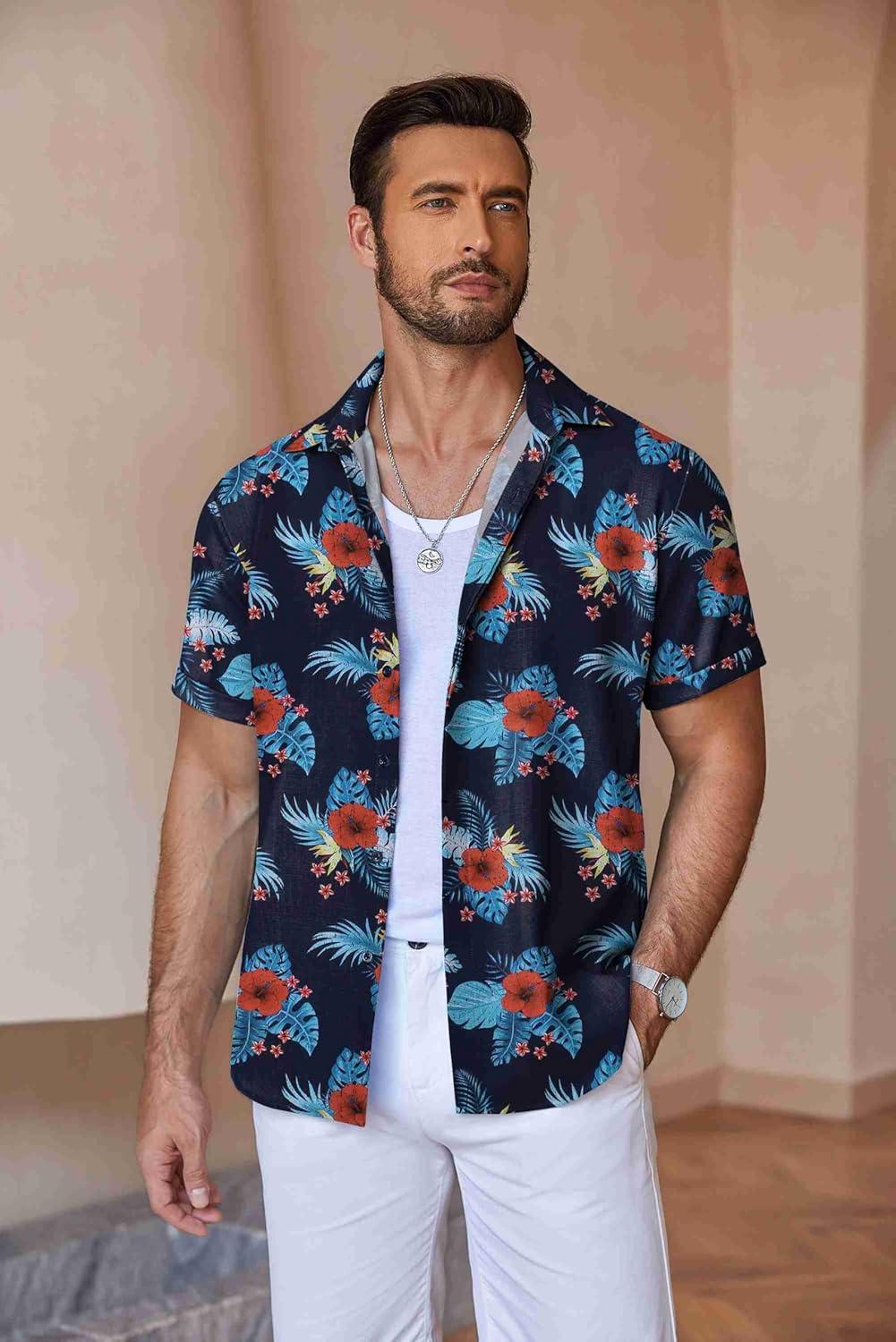 imageCOOFANDY Mens Linen Shirts Short Sleeve Casual Shirts Button Down Shirt for Men Beach Summer Wedding ShirtGesang Flower