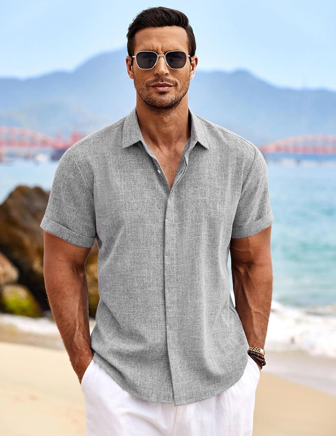 imageCOOFANDY Mens Linen Shirts Short Sleeve Casual Shirts Button Down Shirt for Men Beach Summer Wedding ShirtGrey