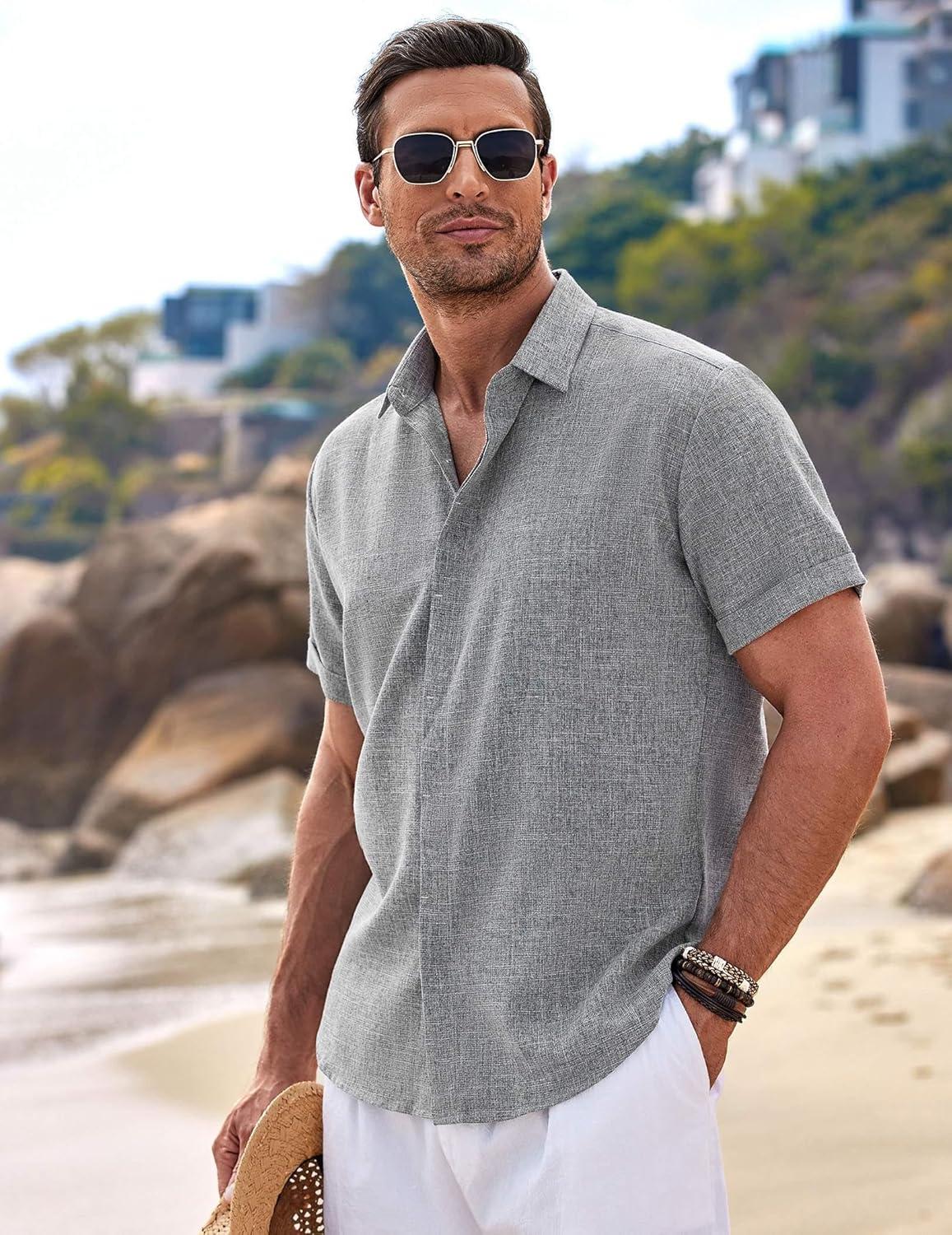 imageCOOFANDY Mens Linen Shirts Short Sleeve Casual Shirts Button Down Shirt for Men Beach Summer Wedding ShirtGrey
