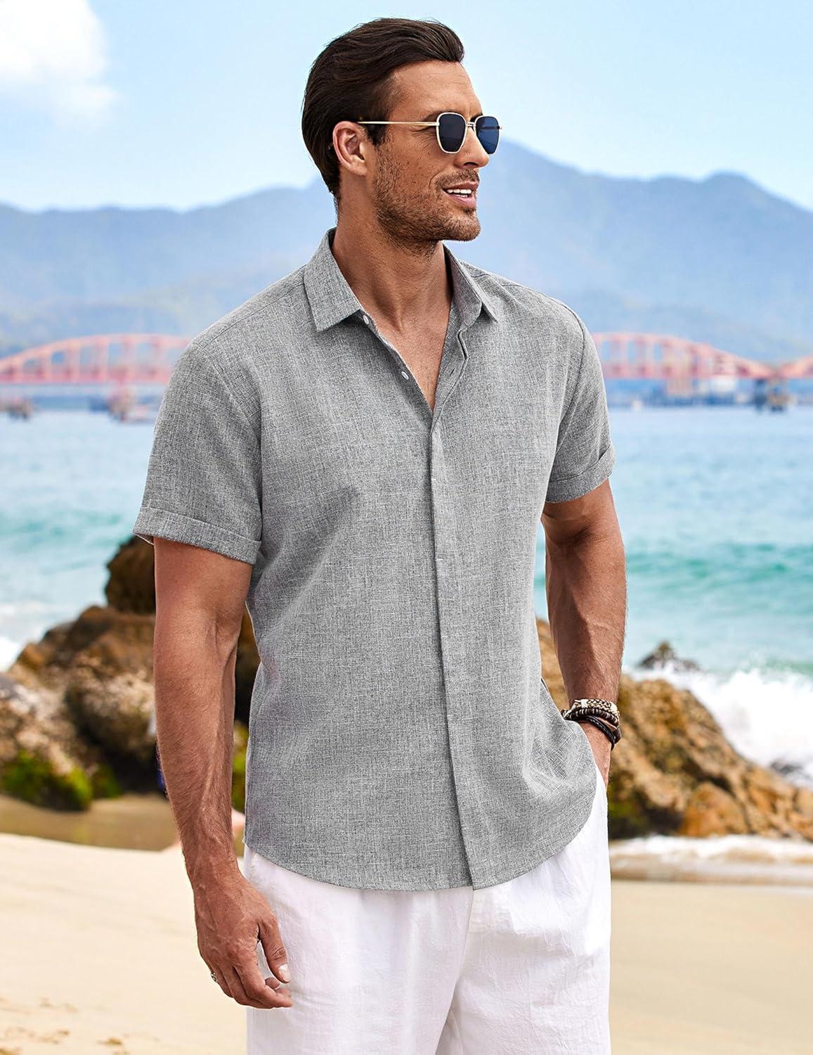 imageCOOFANDY Mens Linen Shirts Short Sleeve Casual Shirts Button Down Shirt for Men Beach Summer Wedding ShirtGrey