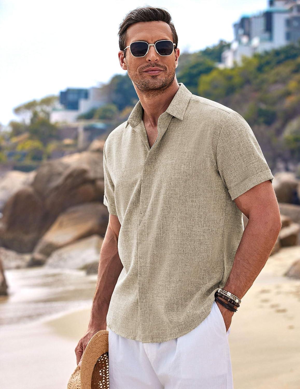 imageCOOFANDY Mens Linen Shirts Short Sleeve Casual Shirts Button Down Shirt for Men Beach Summer Wedding ShirtKhaki