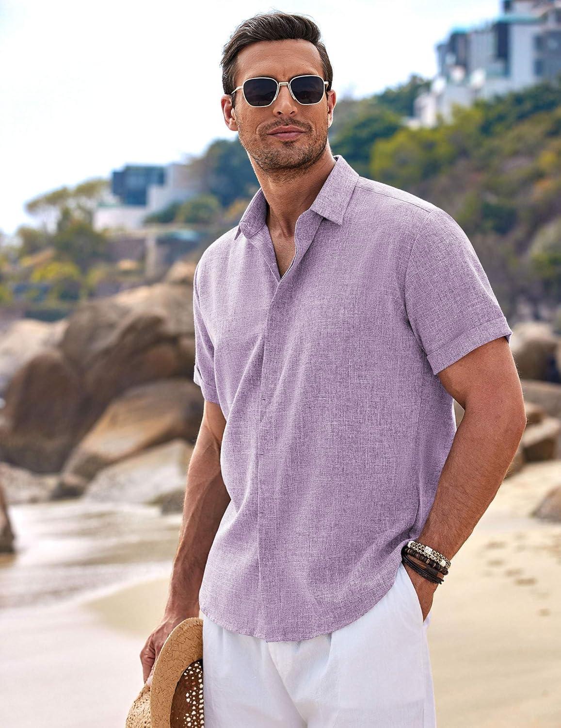 imageCOOFANDY Mens Linen Shirts Short Sleeve Casual Shirts Button Down Shirt for Men Beach Summer Wedding ShirtLavender