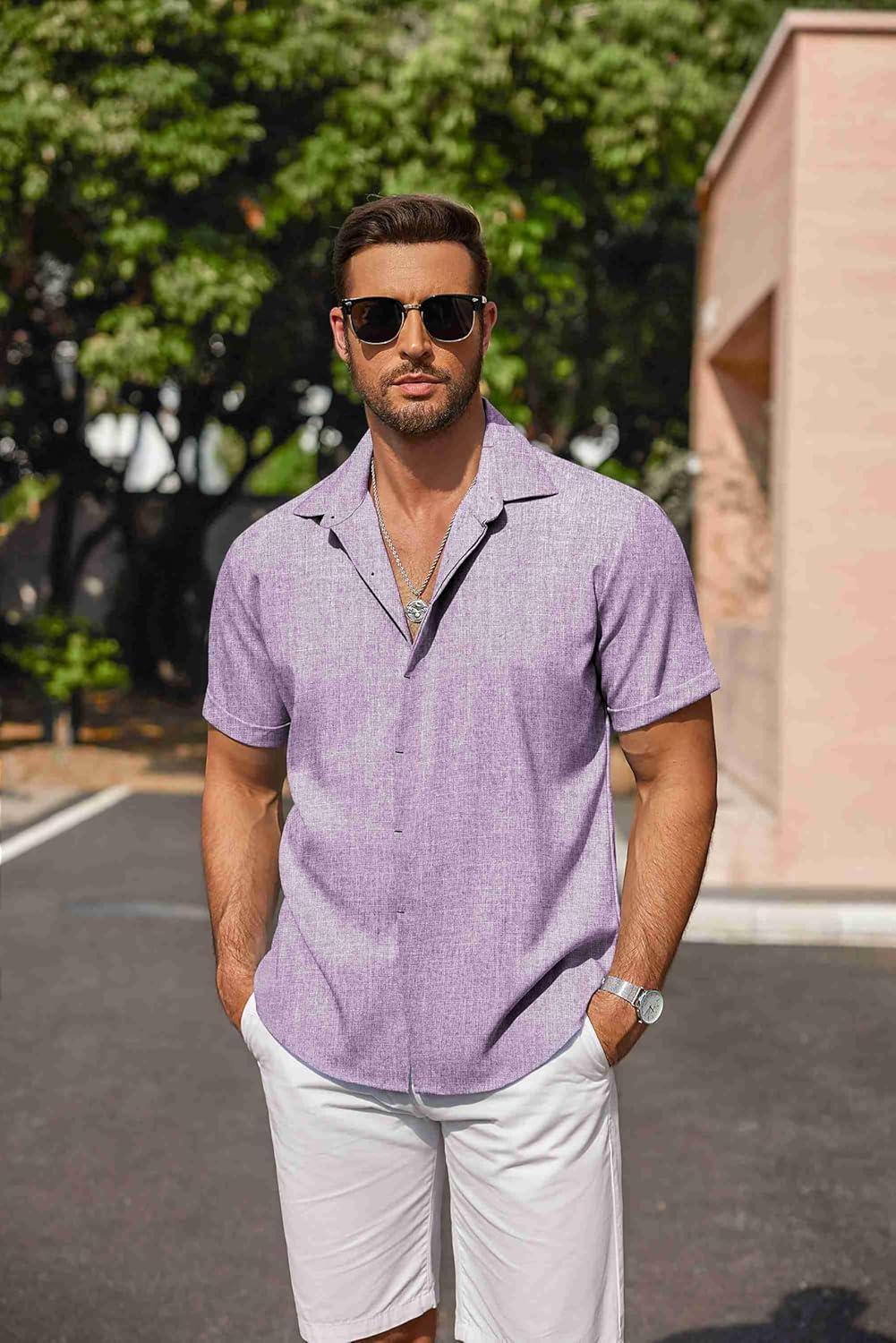 imageCOOFANDY Mens Linen Shirts Short Sleeve Casual Shirts Button Down Shirt for Men Beach Summer Wedding ShirtLavender