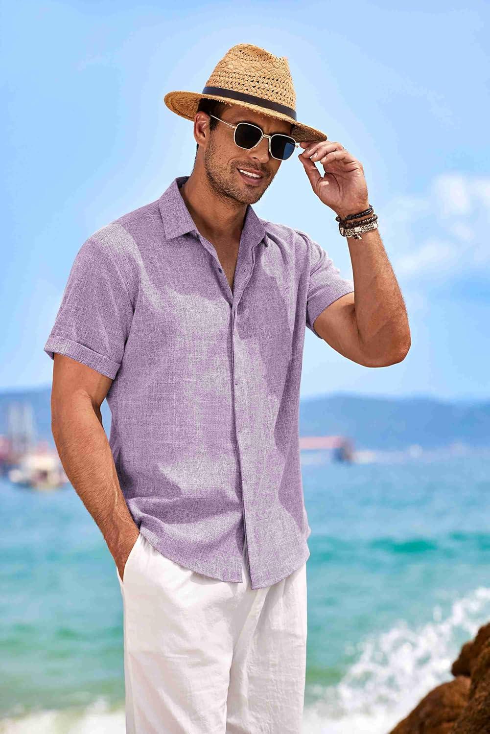 imageCOOFANDY Mens Linen Shirts Short Sleeve Casual Shirts Button Down Shirt for Men Beach Summer Wedding ShirtLavender